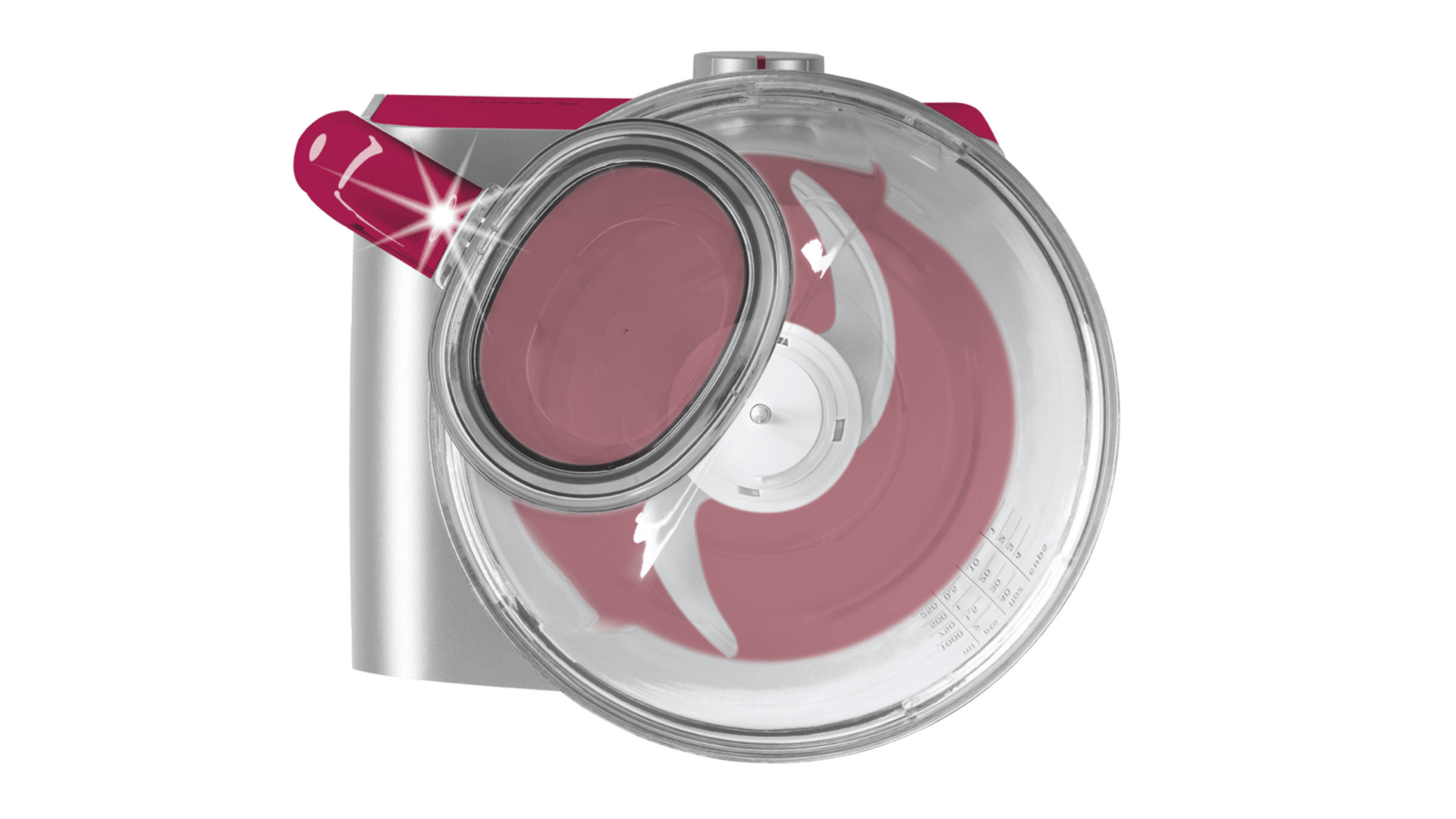 Un procesador de alimentos con tapa transparente y bol rojo-burdeos.