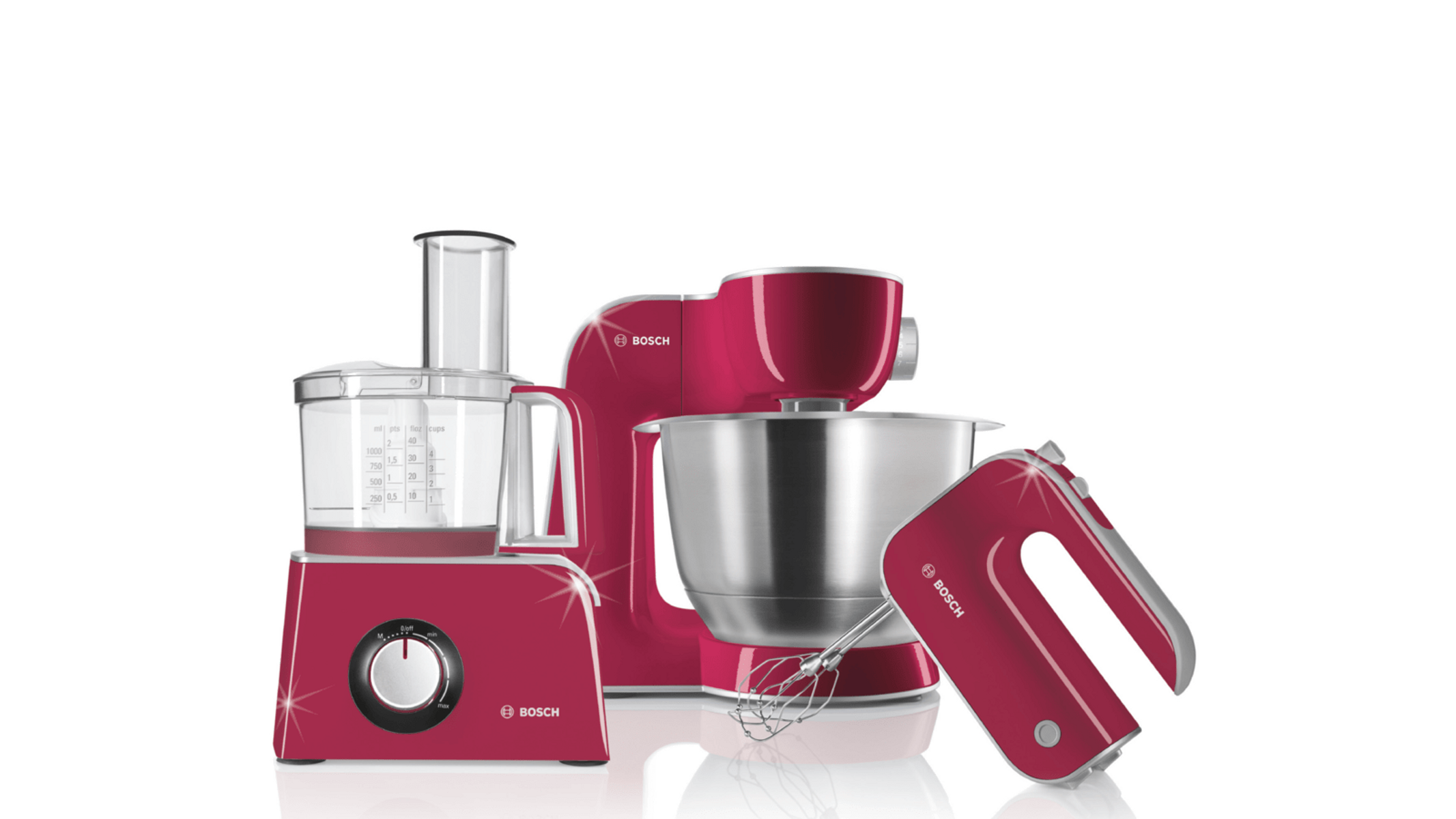 Electrodomésticos de cocina Bosch rojos: procesador de alimentos, batidora de pie y batidora de mano.