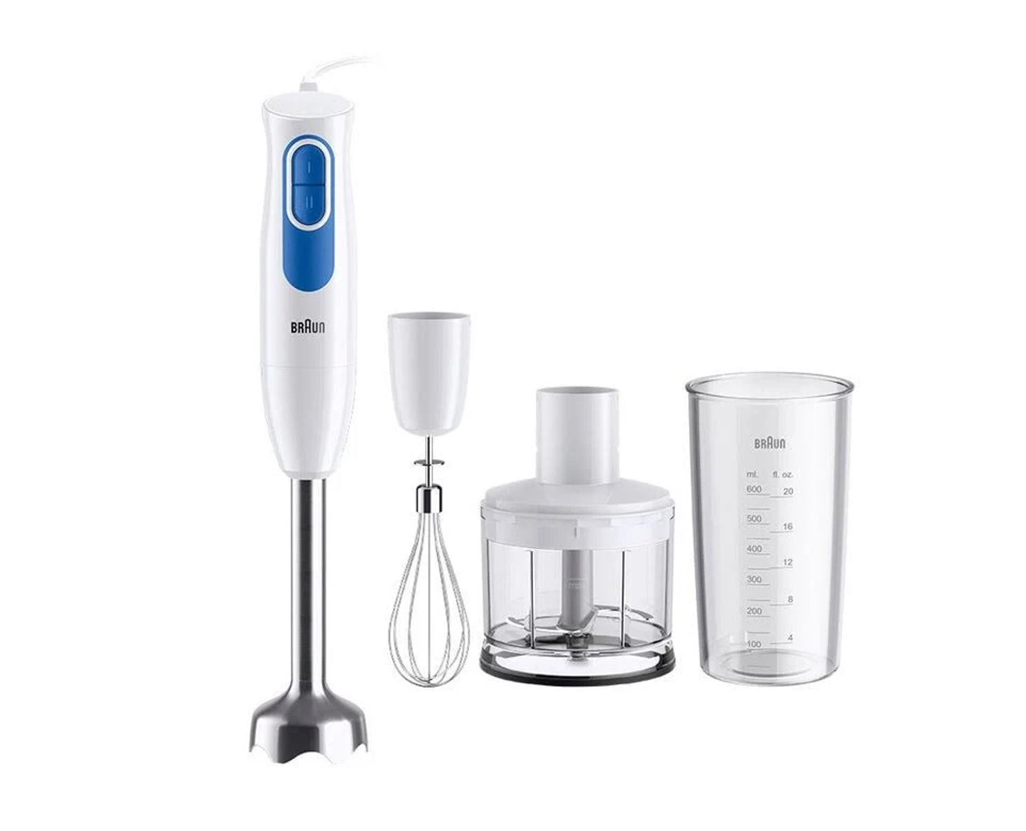 Biało-niebieski blender ręczny z wieloma nakładkami: trzepaczką, rozdrabniaczem i miarką.