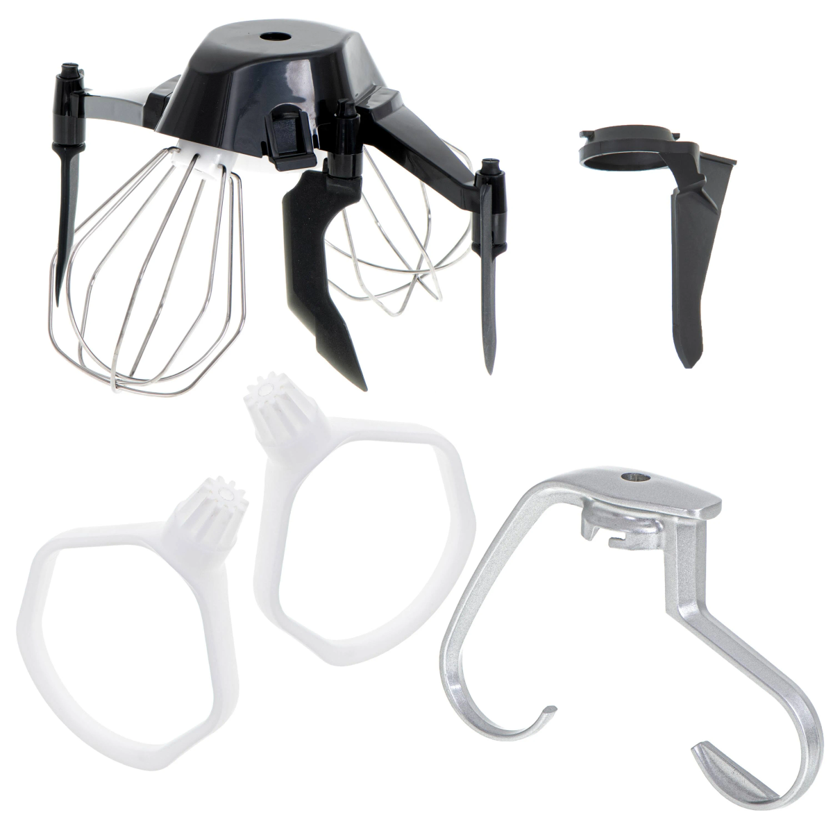 Küchenmixer-Teile: Schneebesen, Knethaken und schwarzes Motorgehäuse auf Weiß.