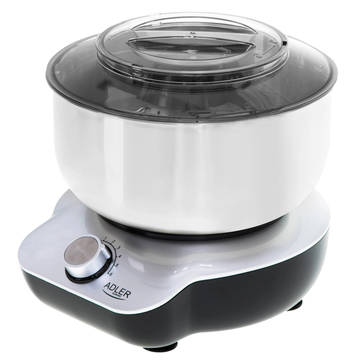 Ein weiß-schwarzer Küchenmixer mit transparentem Deckel. Er hat einen Knopf zum Einstellen der Geschwindigkeit.