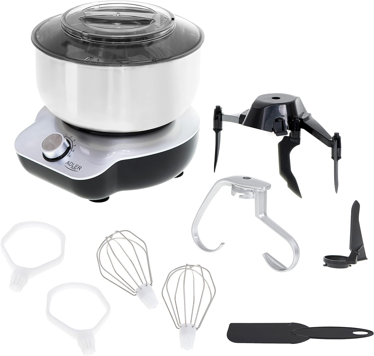 Weiß-schwarzer Küchenmixer mit Aufsätzen. Verschiedene Teile, darunter Schneebesen, Knethaken und Schaber.
