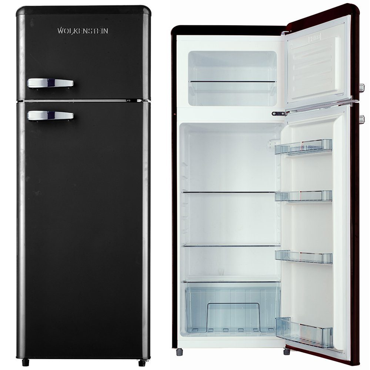 Schwarzer Kühlschrank, eine Tür geschlossen, eine offen mit Regalen.