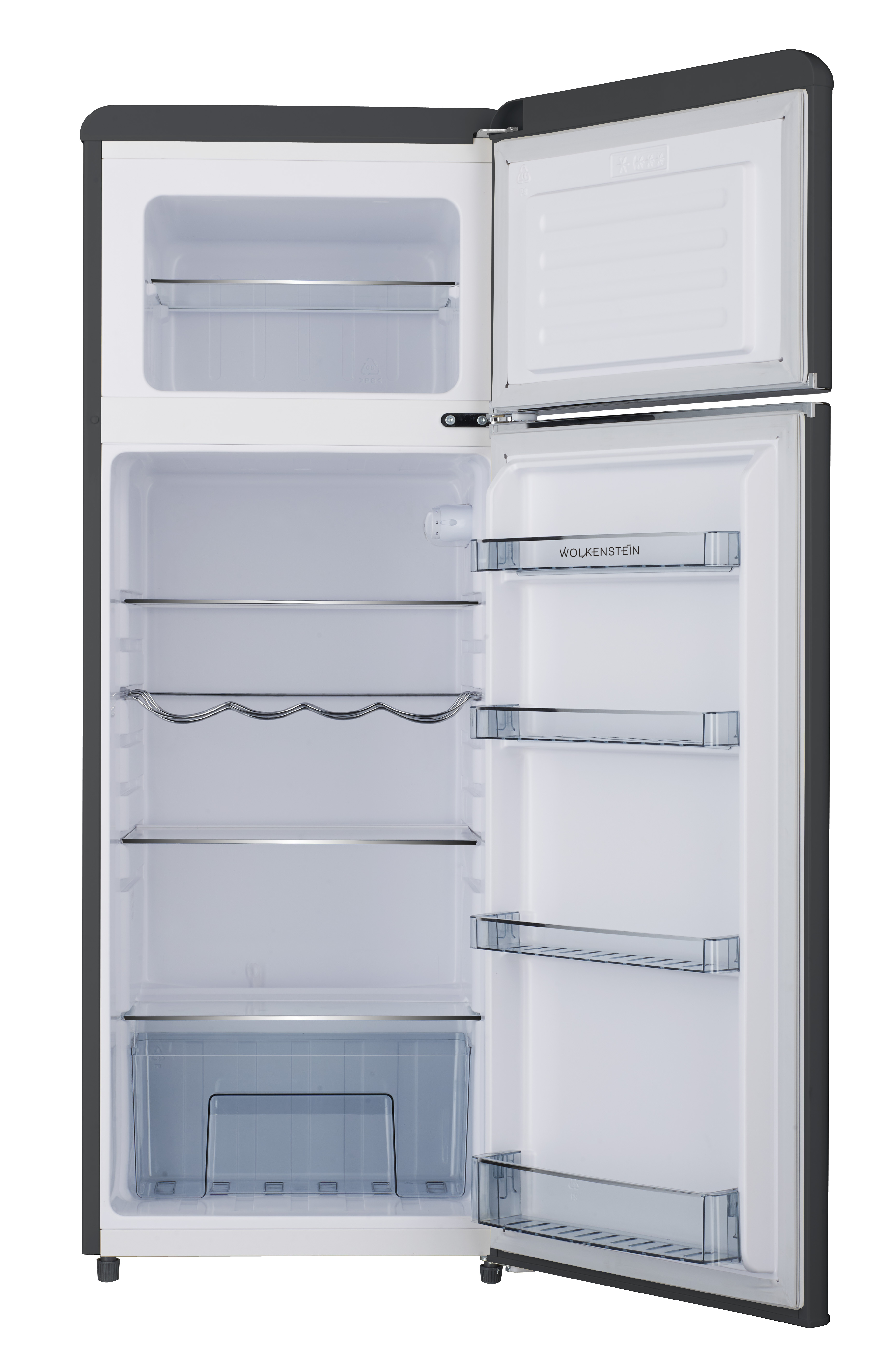 Kühlschrank mit offener Tür, enthüllt Regale und Stauräume.