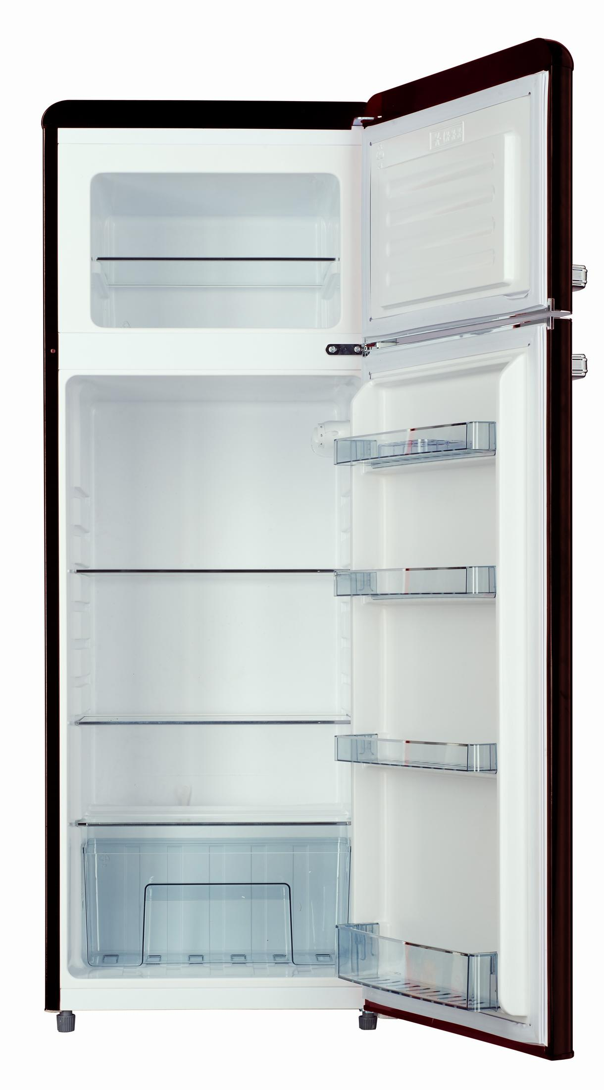 Ein leerer, offener Kühlschrank mit Regalen und Schubladen. Der Innenraum ist weiß.