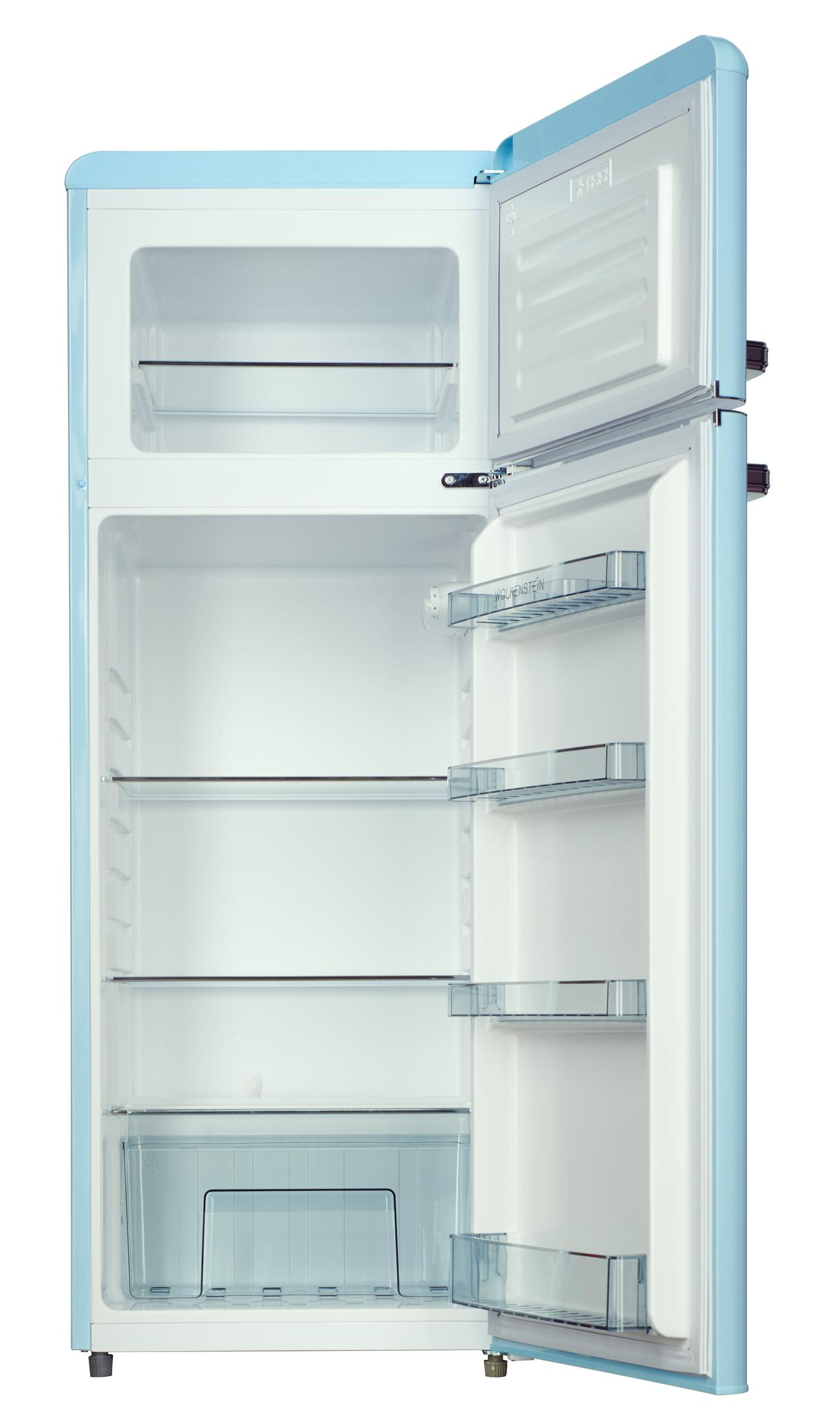 Ein hellblauer Kühlschrank, geöffnet, mit Regalen und Fächern. Er ist leer.