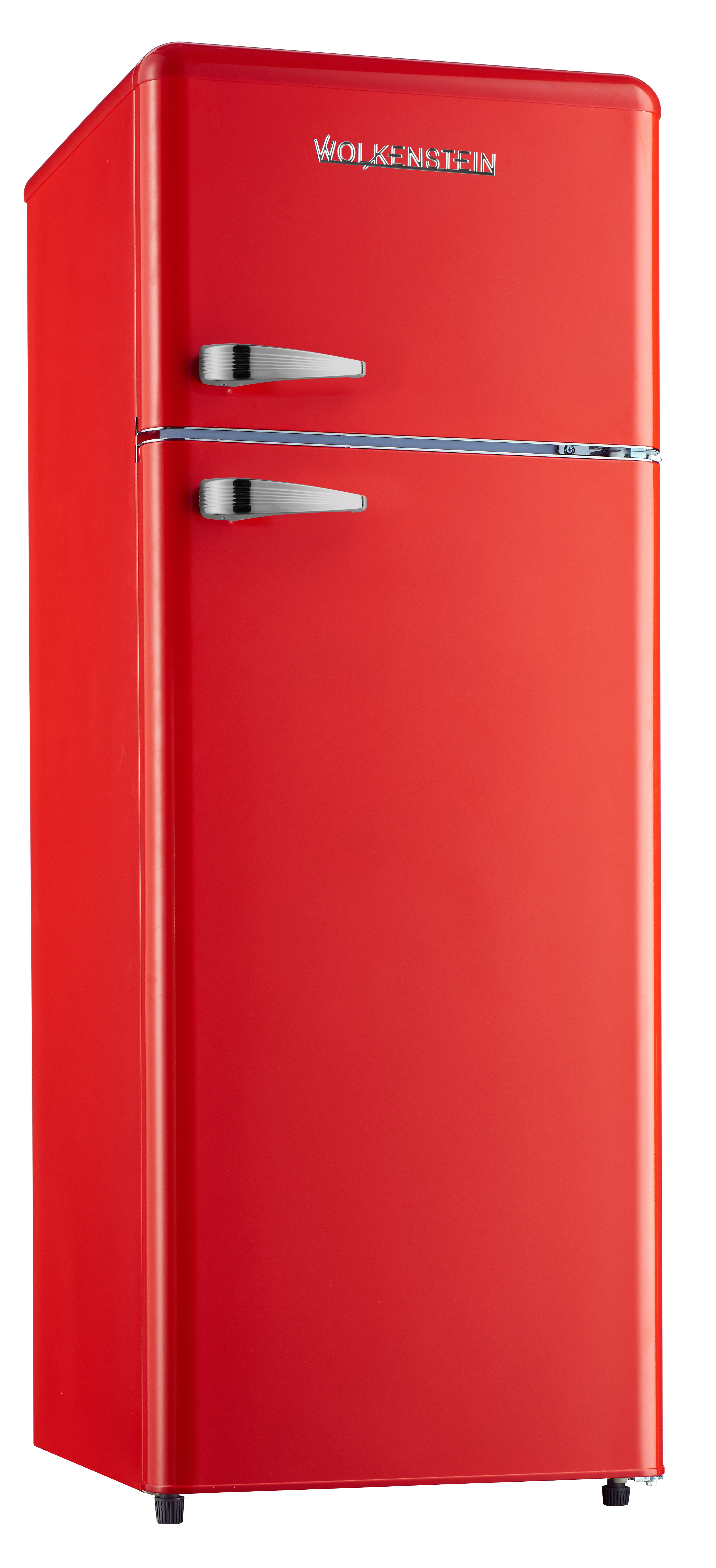 Roter Kühlschrank im Retro-Stil. Hat zwei Türen und Chromgriffe.