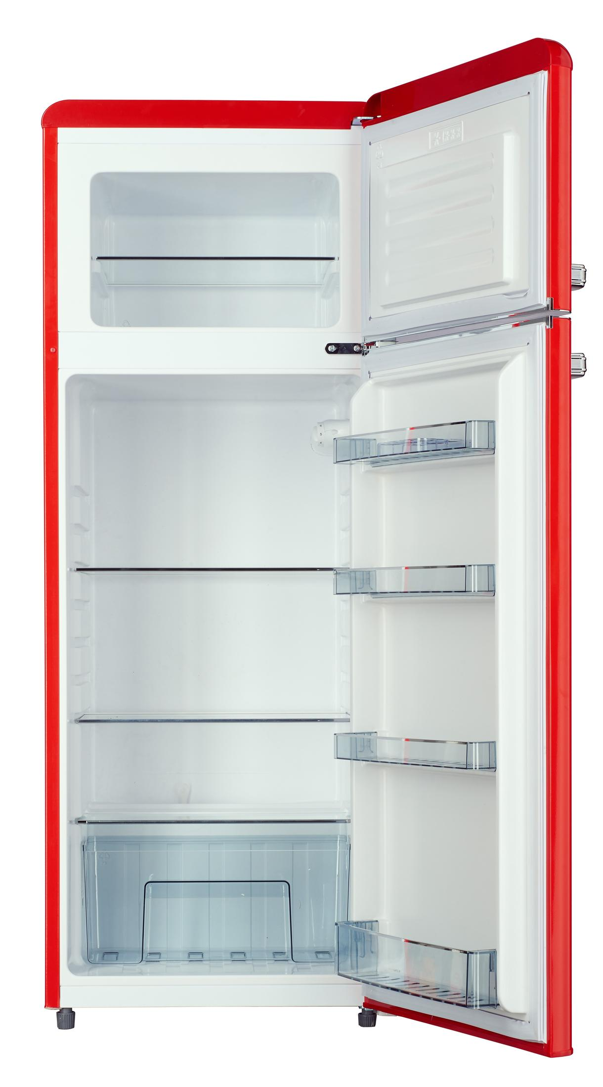 Roter Retro-Kühlschrank mit offener Tür, zeigt das Innere mit Regalen und Schubladen.