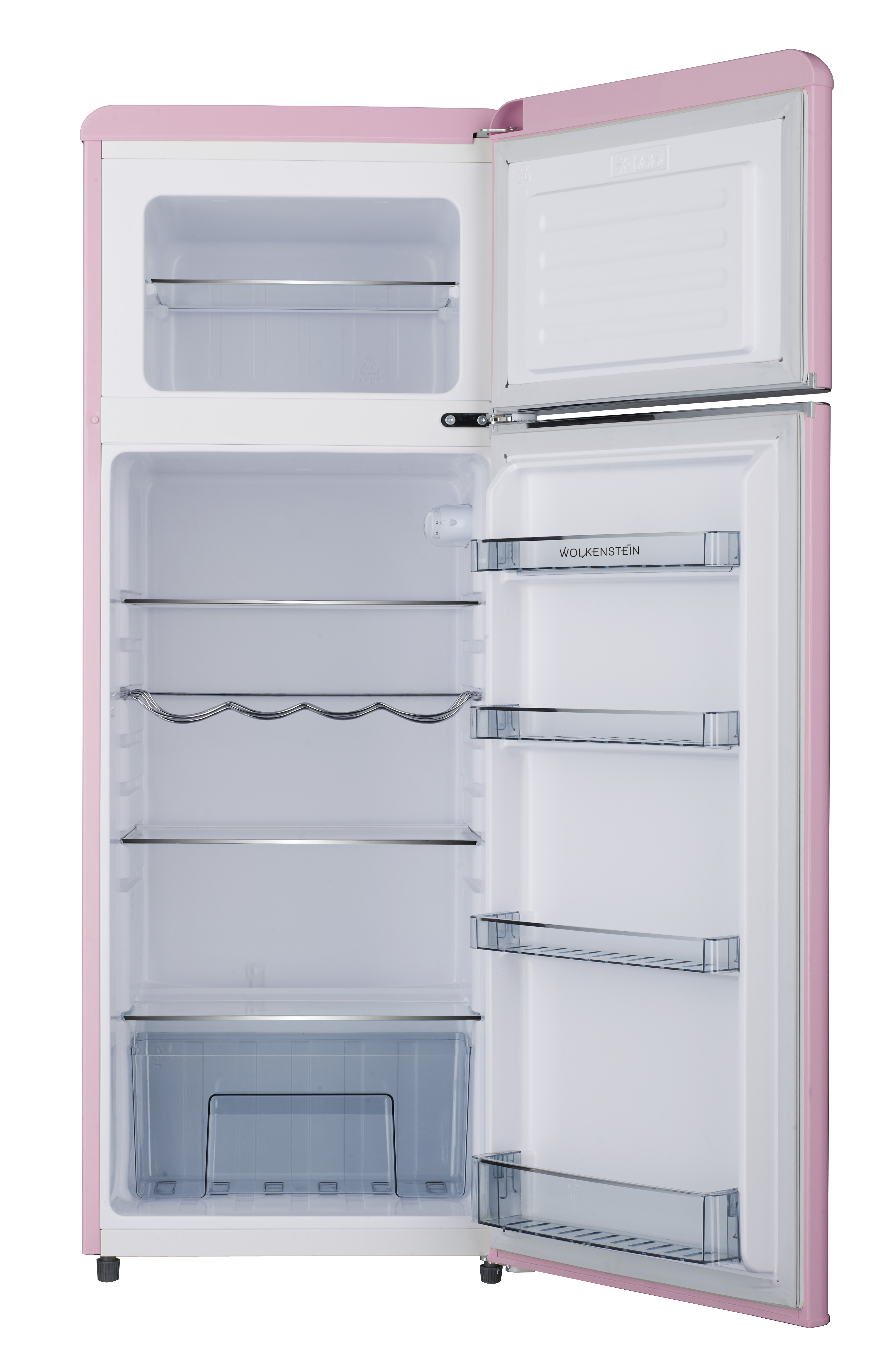 Offener rosa Retro-Kühlschrank mit weißem Innenraum und Regalen, der Stauraum zeigt.