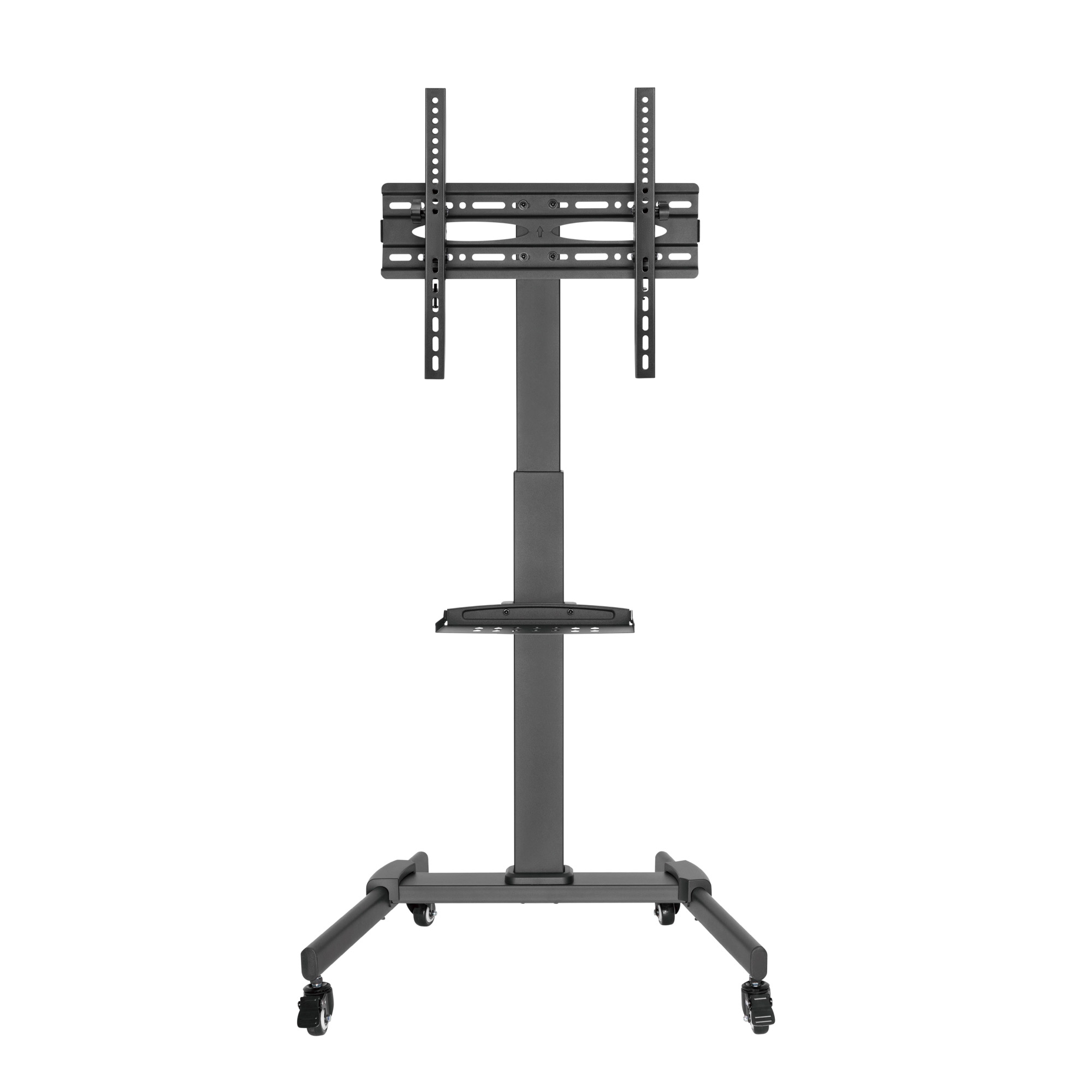 Un soporte de TV negro con ruedas, diseñado para sostener un televisor.
