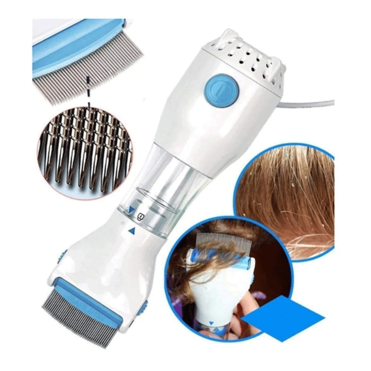 Dispositivo de eliminación de piojos blanco y azul con peines y fotos de cabello.