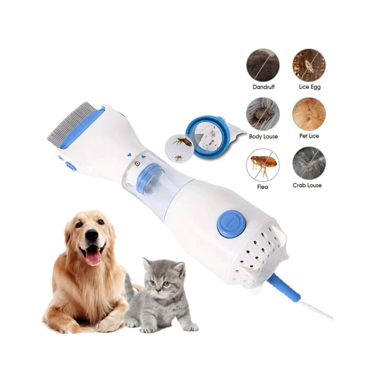 Dispositivo con varias imágenes de parásitos y animales, junto con un animal y una mascota.