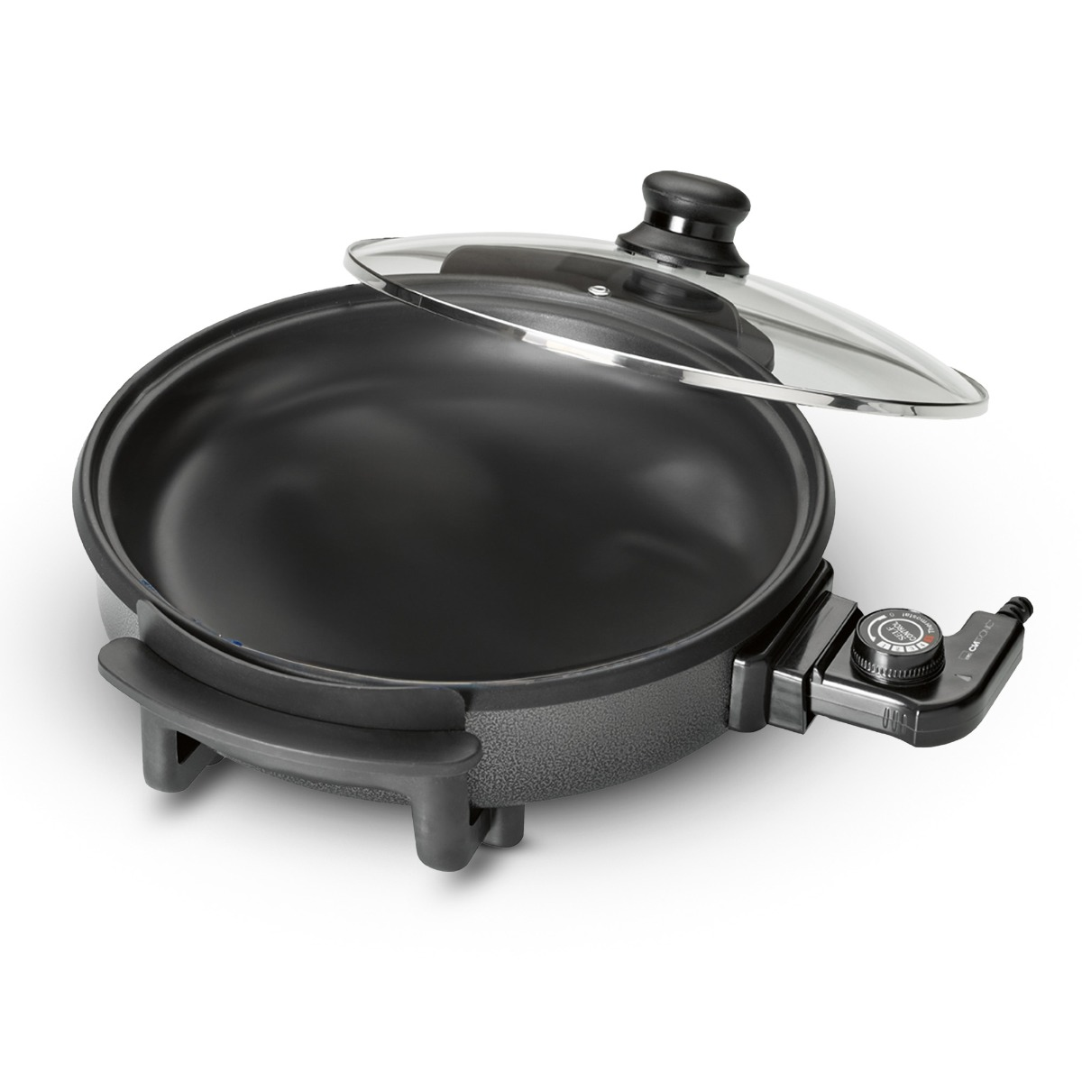 Elektryczna patelnia z przezroczystą pokrywą. Widoczne elementy sterujące i uchwyt.