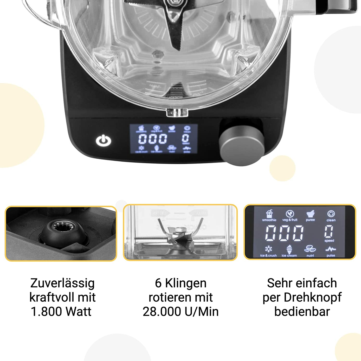 Nahaufnahme eines schwarzen Mixers, der die Funktionen und Bedienelemente zeigt.