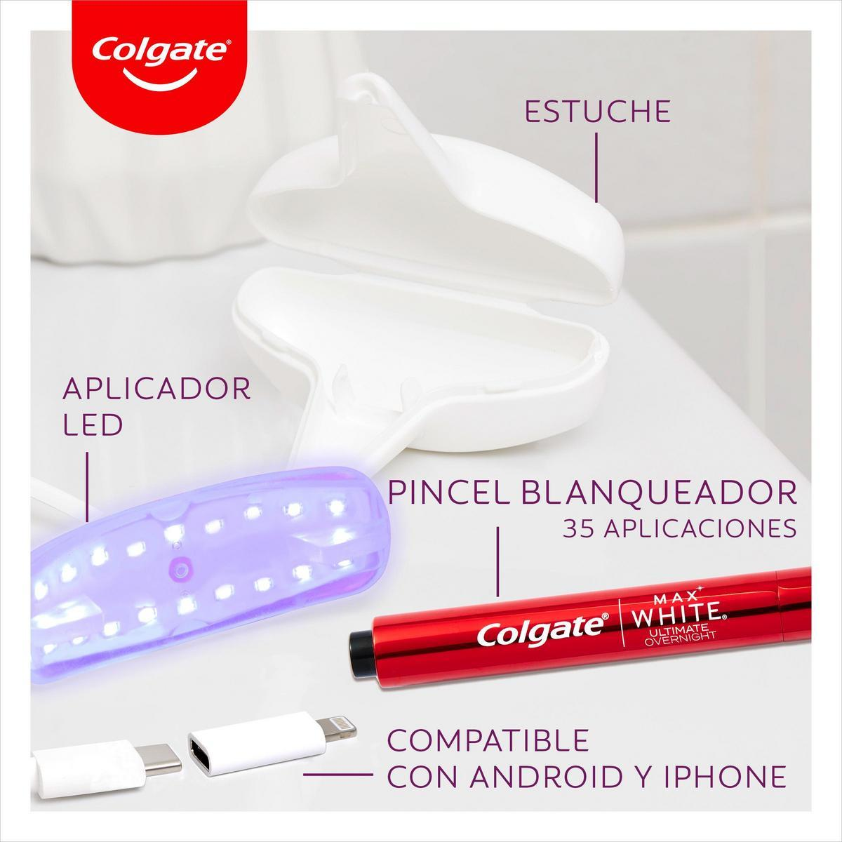 Kit blanqueador dental Colgate con estuche blanco, aplicador LED y bolígrafo blanco.
