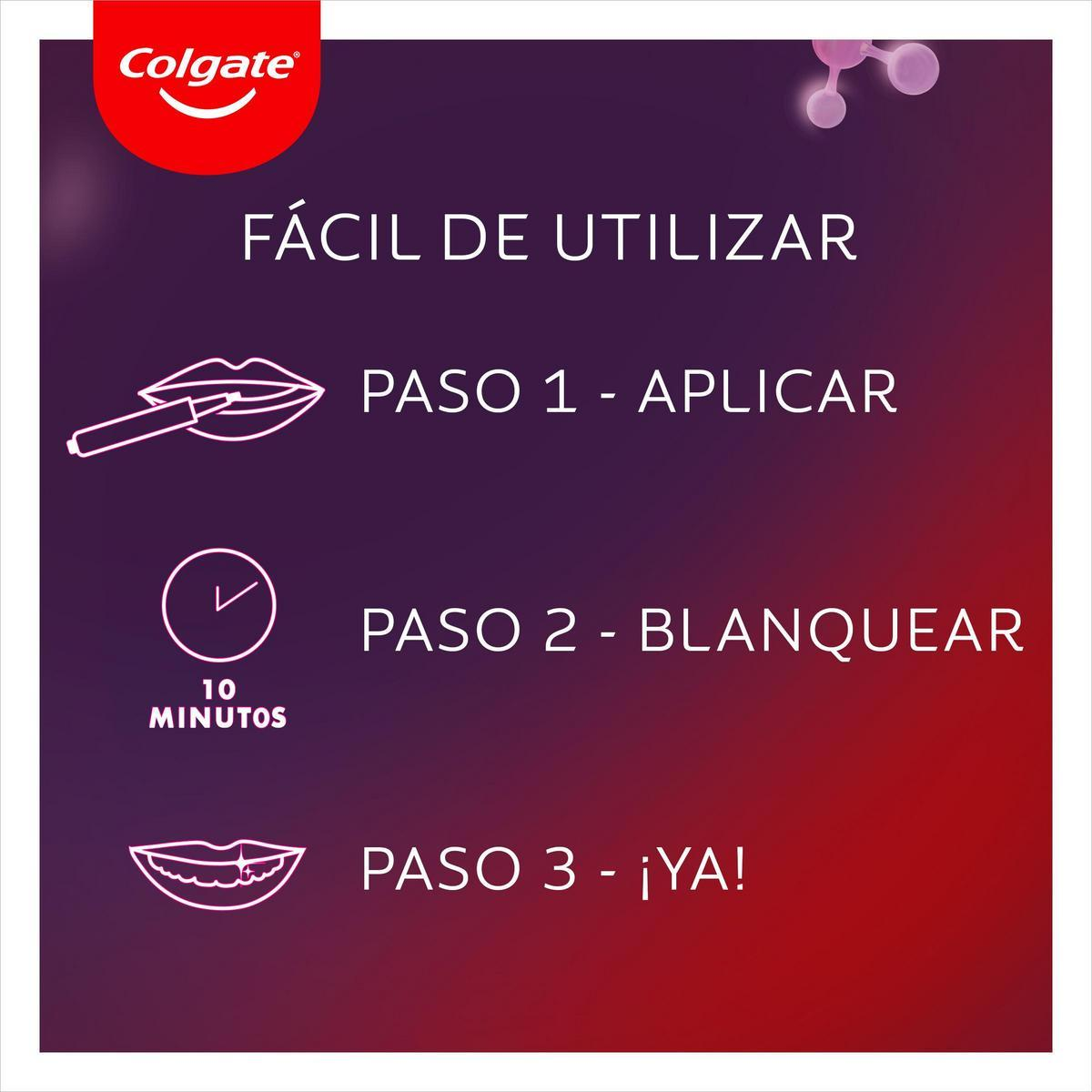 Anuncio de Colgate. Instrucciones: Aplicar, blanquear 10 minutos y listo. Fondo morado y rojo.