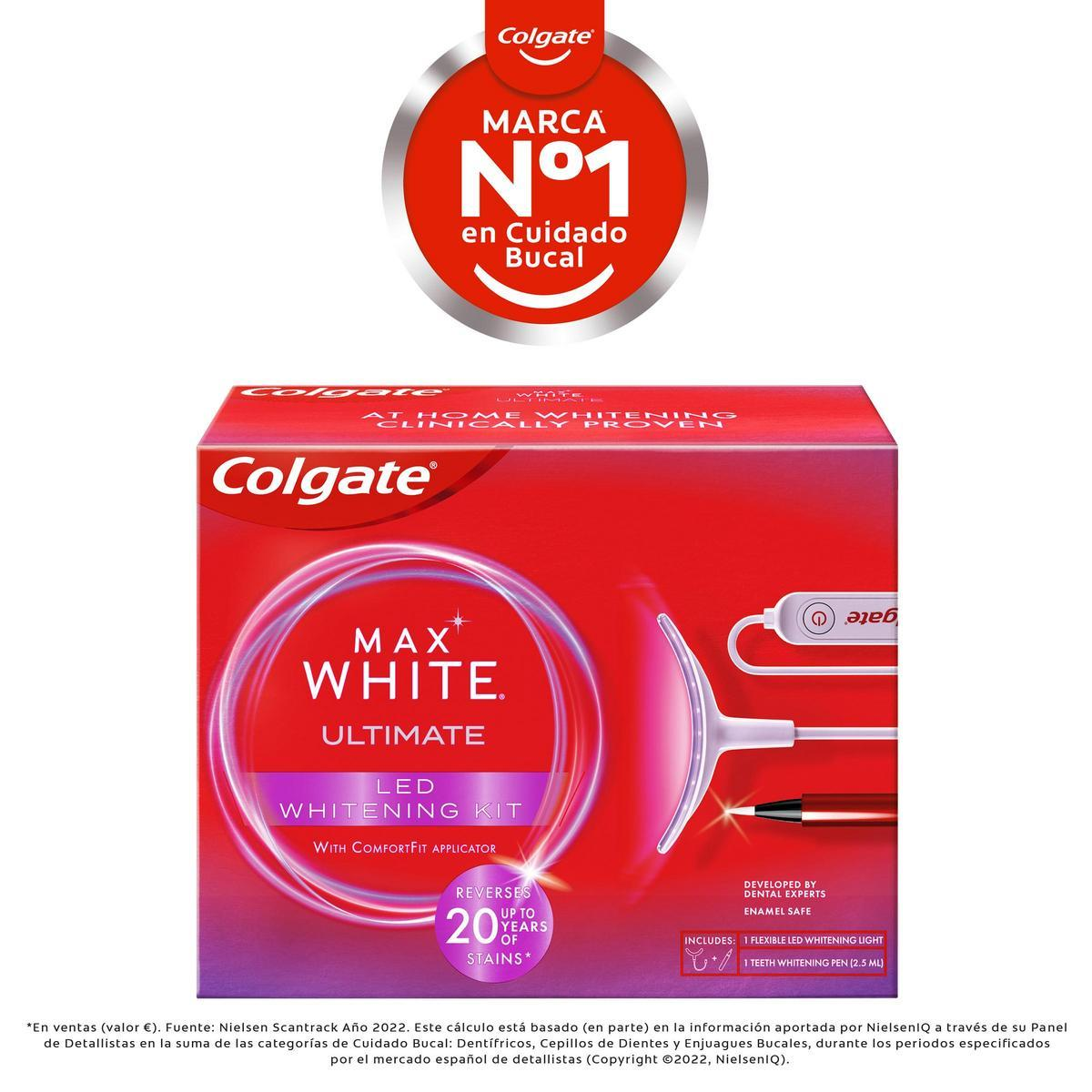 Caja del kit blanqueador Colgate Max White con aplicador de luz y bolígrafo blanqueador.