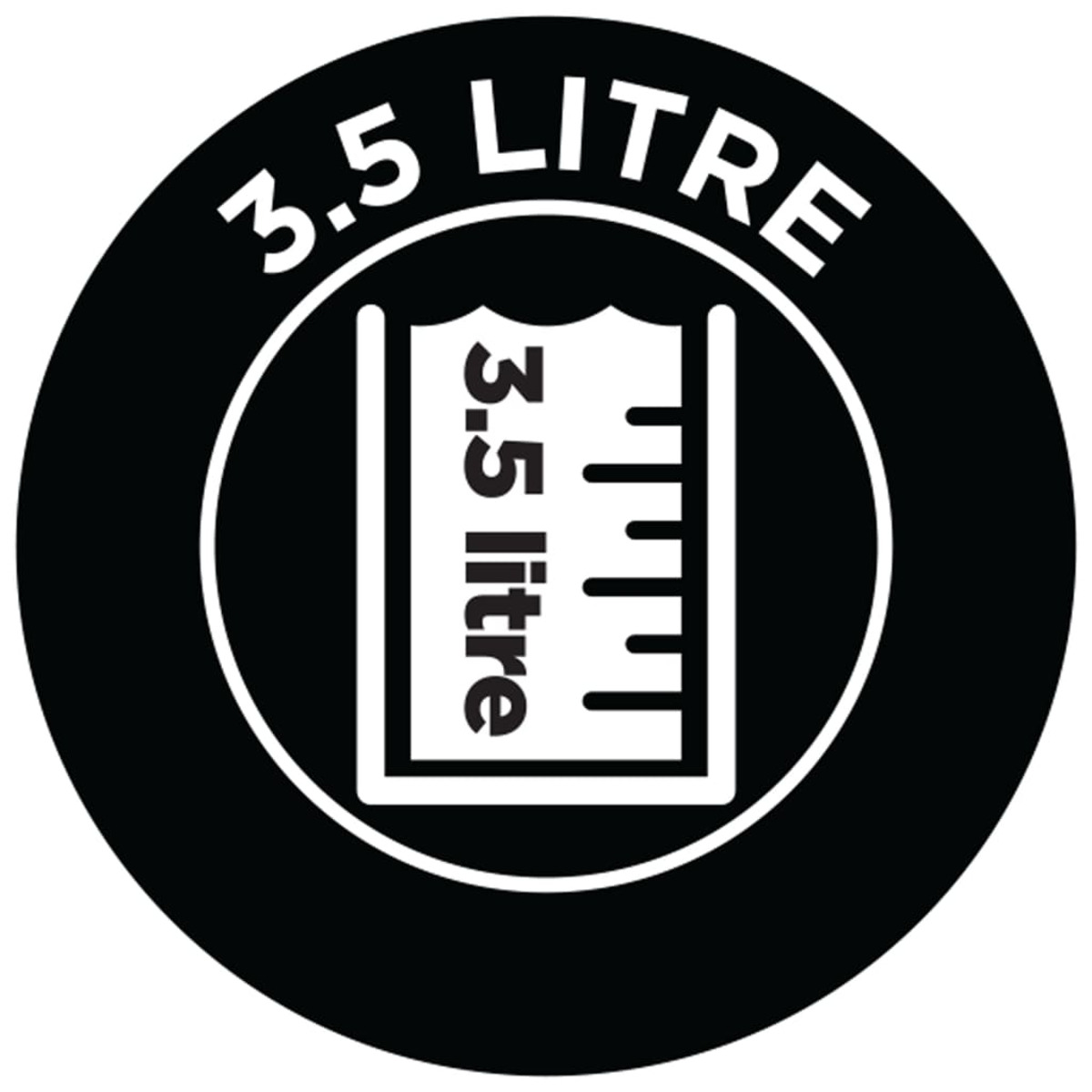 Eine schwarz-weiße Grafik, die eine 3,5-Liter-Messung in einer kreisförmigen Form zeigt.