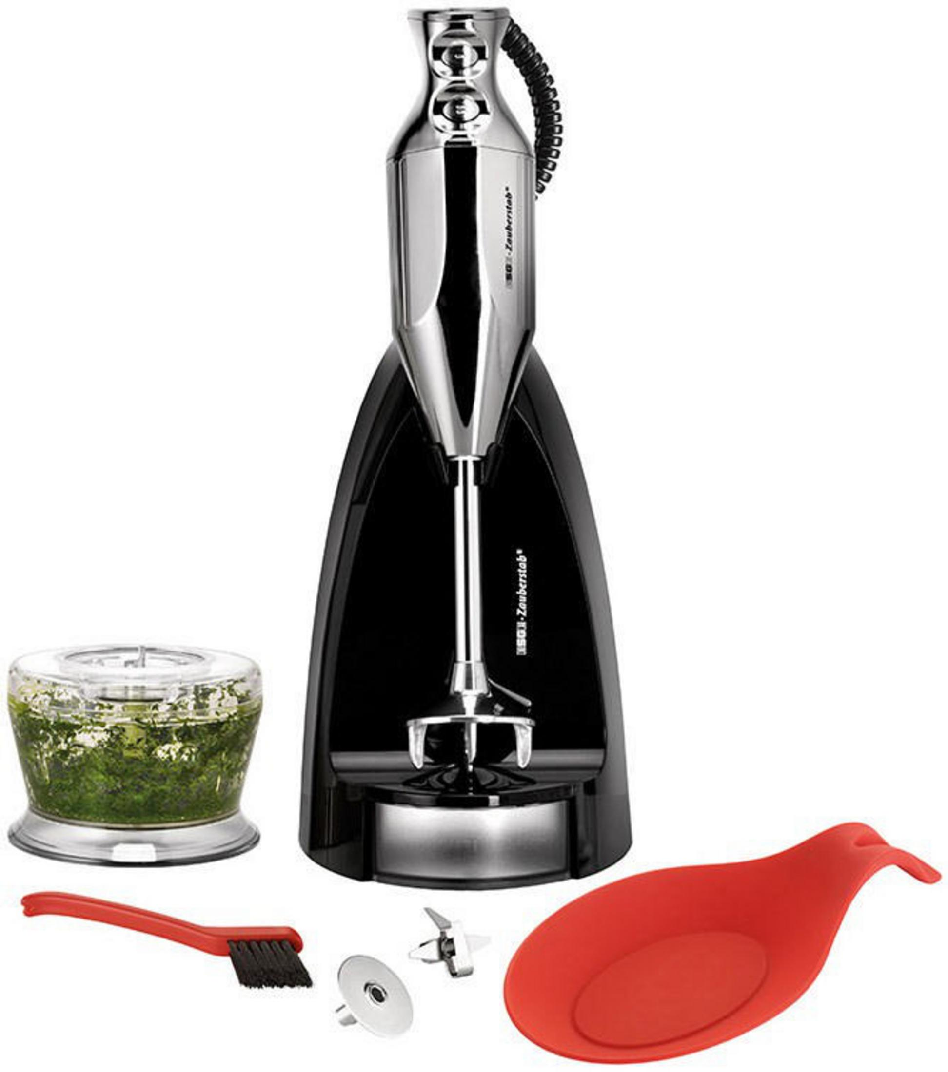 Blender ręczny z akcesoriami. Zawiera czerwoną łyżkę, szczotkę, rozdrabniacz i ostrze.