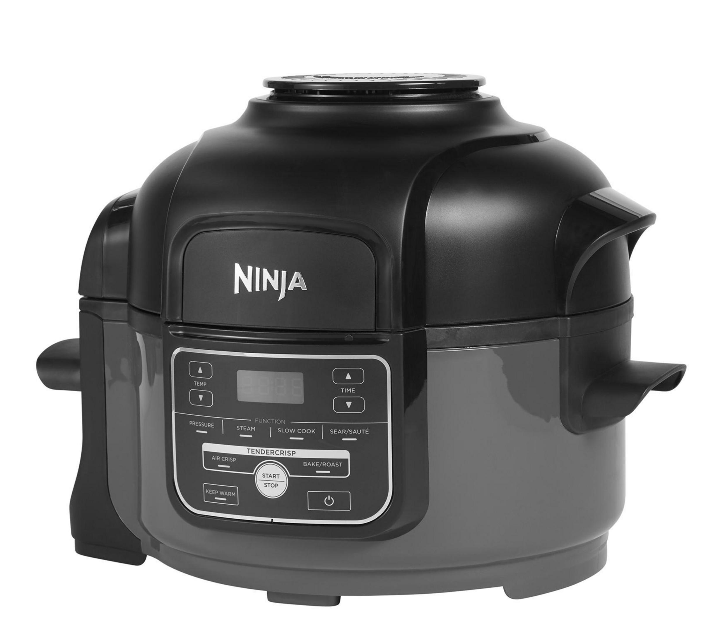 Schwarze und graue Ninja-Heißluftfritteuse. Hat ein digitales Display und Bedienfeld vorne.