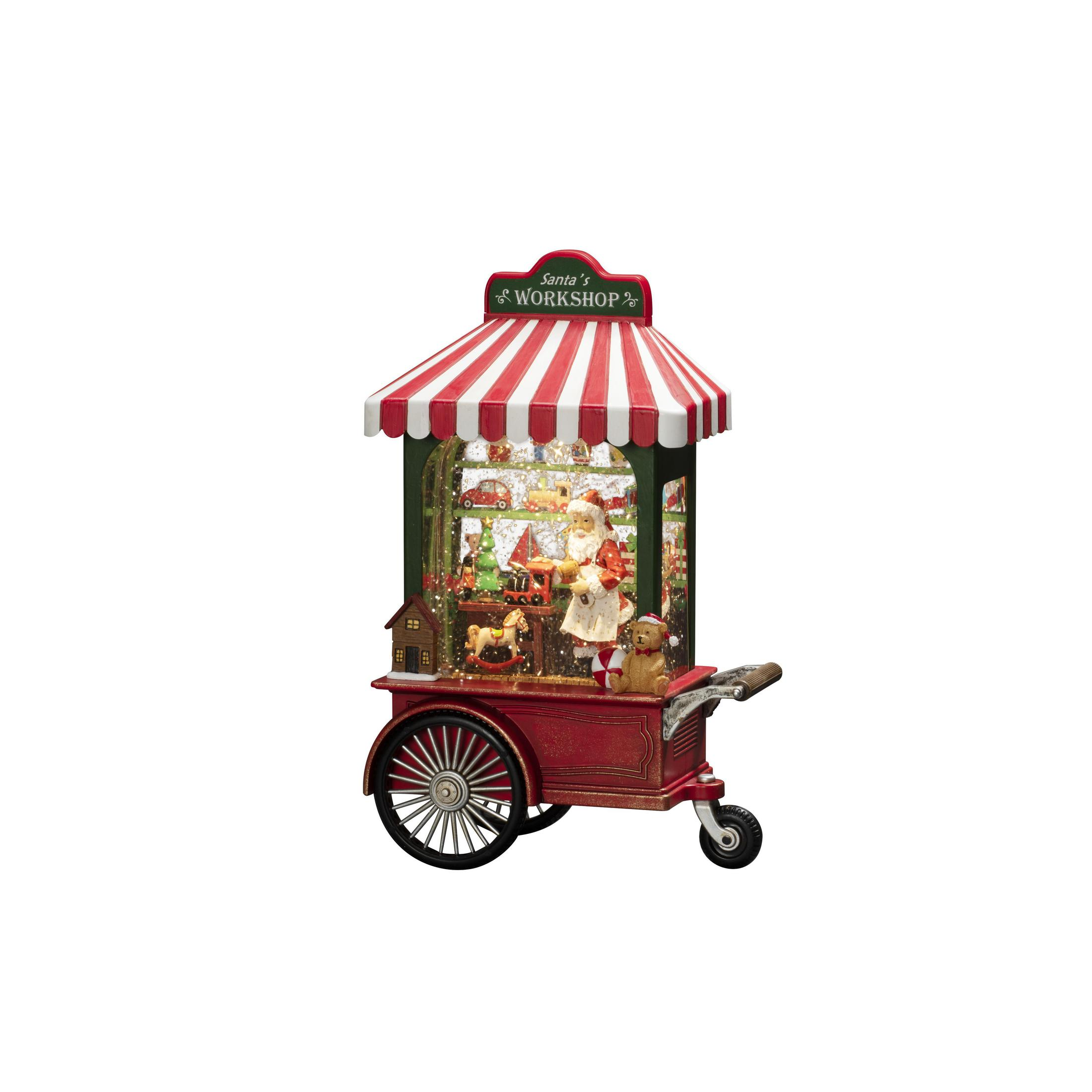 Weihnachtswagen mit einer Weihnachtswerkstatt-Szene, rot und grün.
