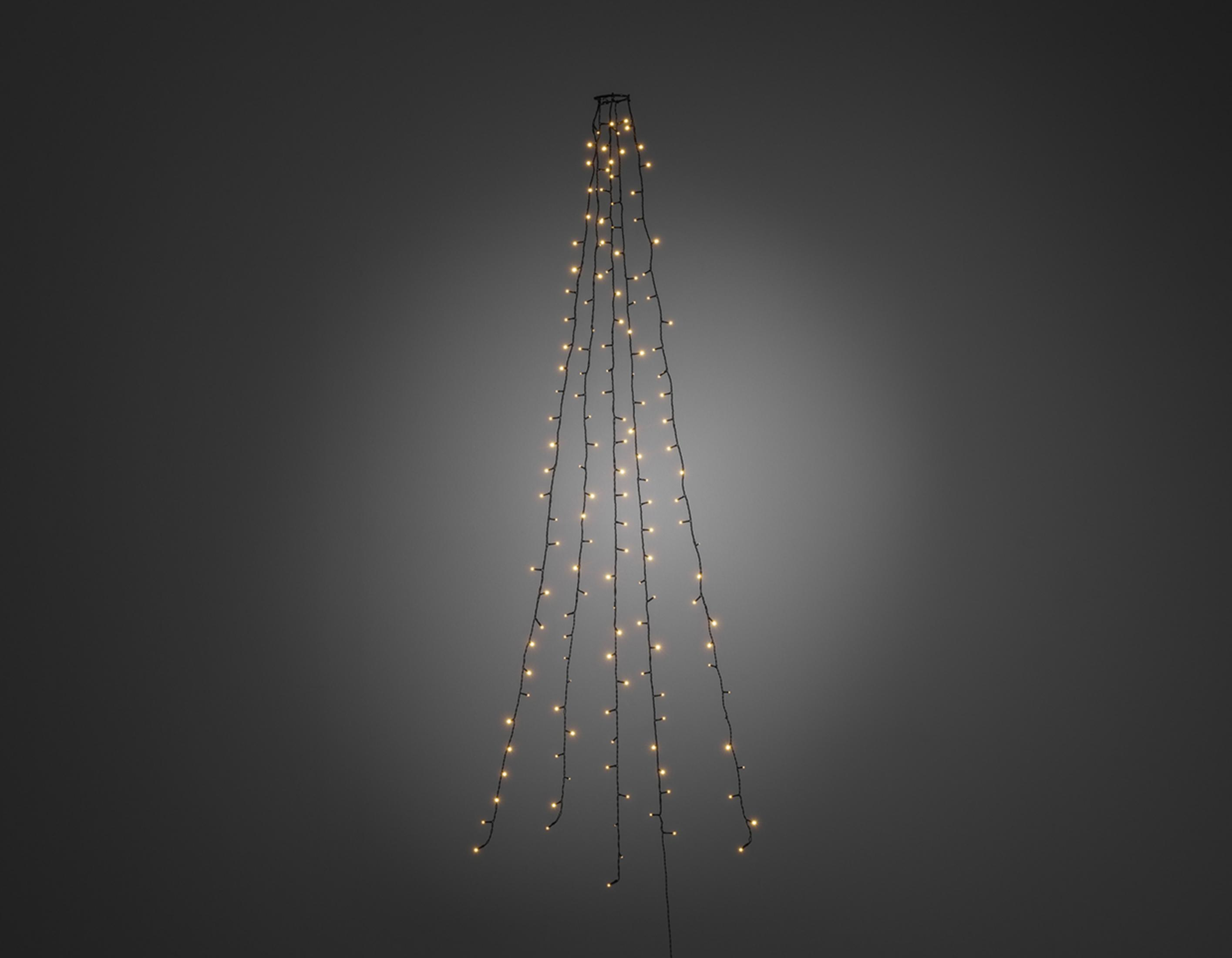 Lichterkette in Form eines Weihnachtsbaums, vor grauem Hintergrund.