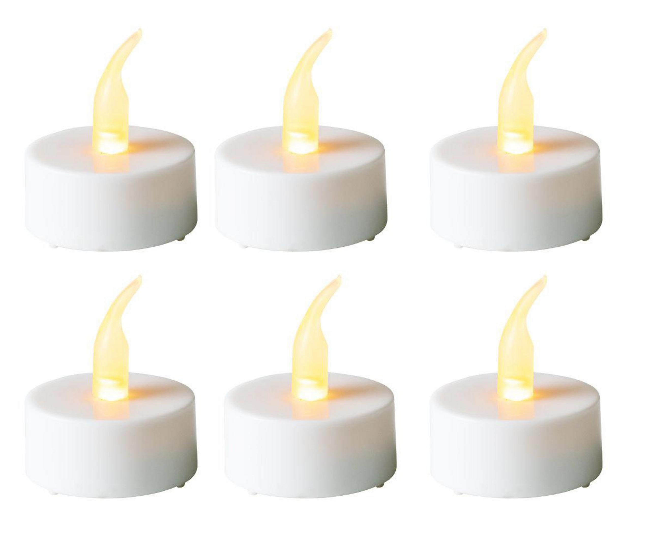 Sechs weiße Teelichter mit gelben, flammenförmigen Lichtern.