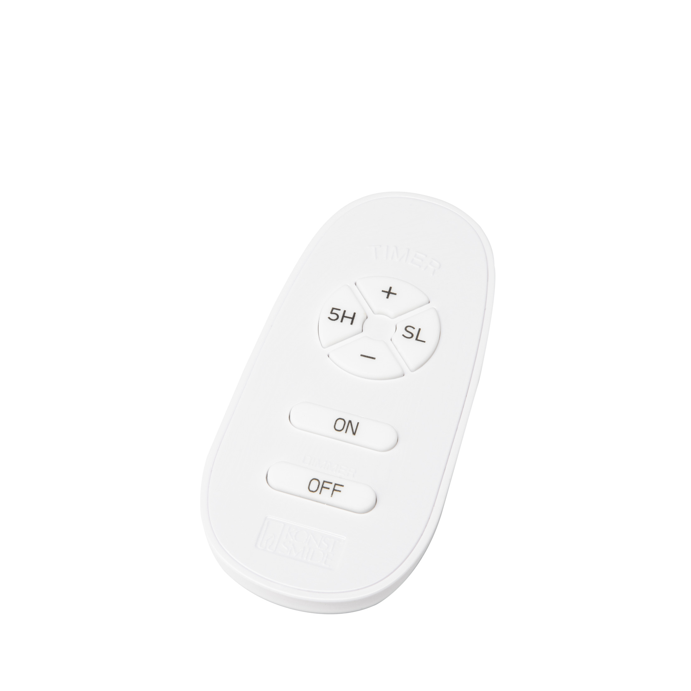 Un telecomando bianco con pulsanti etichettati 'TIMER', '+', '-', 'SL', 'ON', 'OFF'.