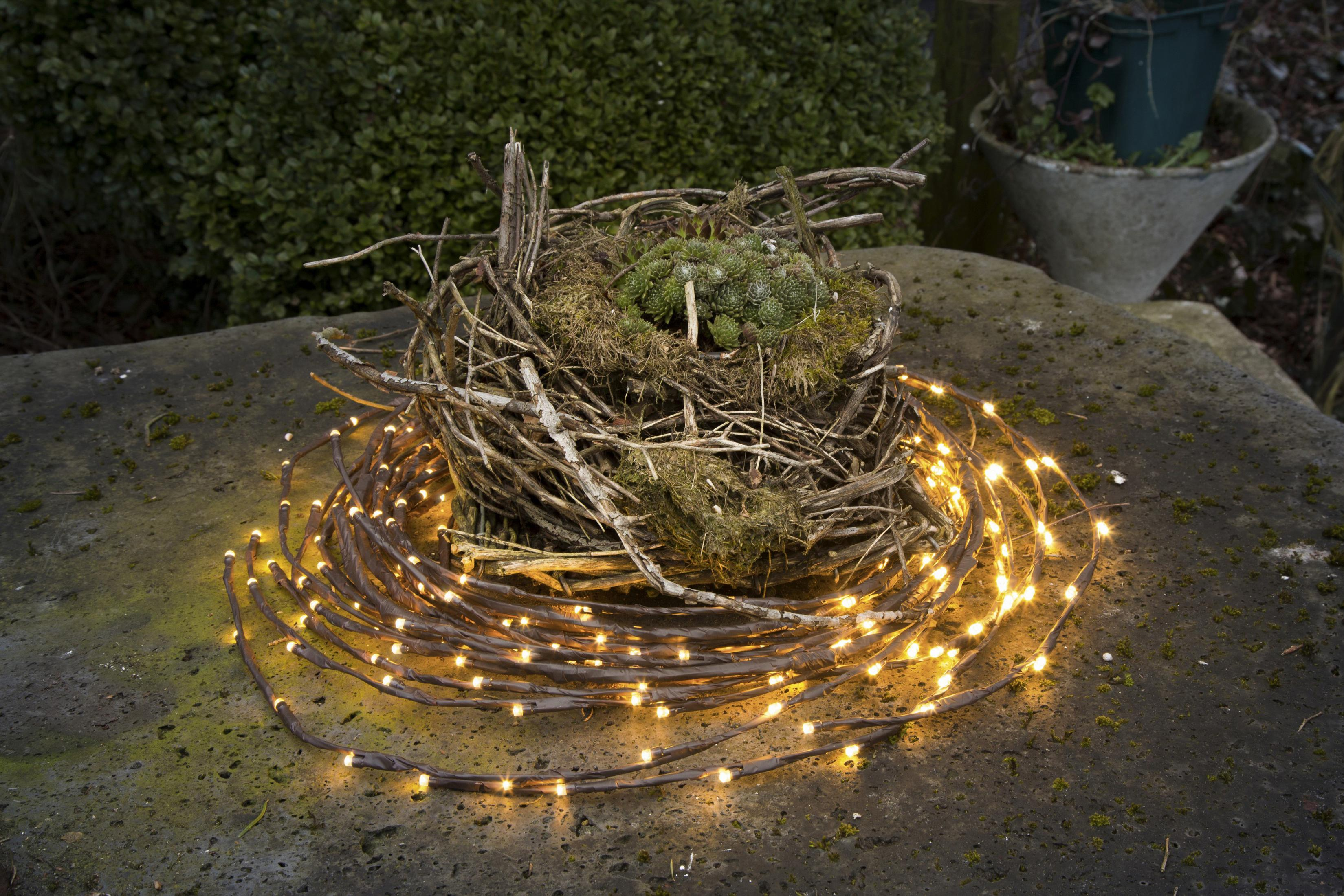 Decorazione a forma di nido con luci fatate su pietra, circondata dal verde.