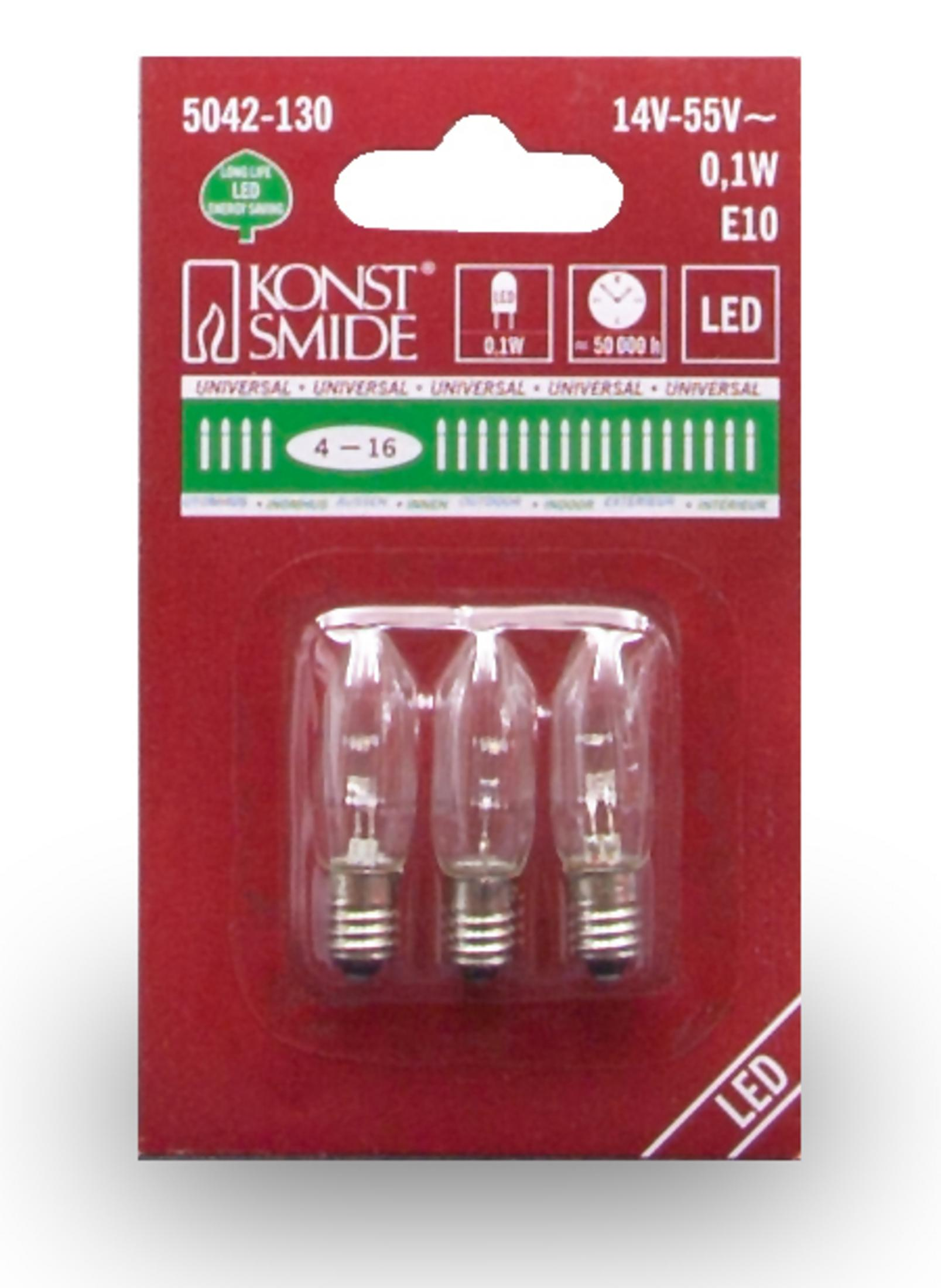 Eine rote Karte mit drei kleinen LED-Glühbirnen in einer Plastikverpackung.