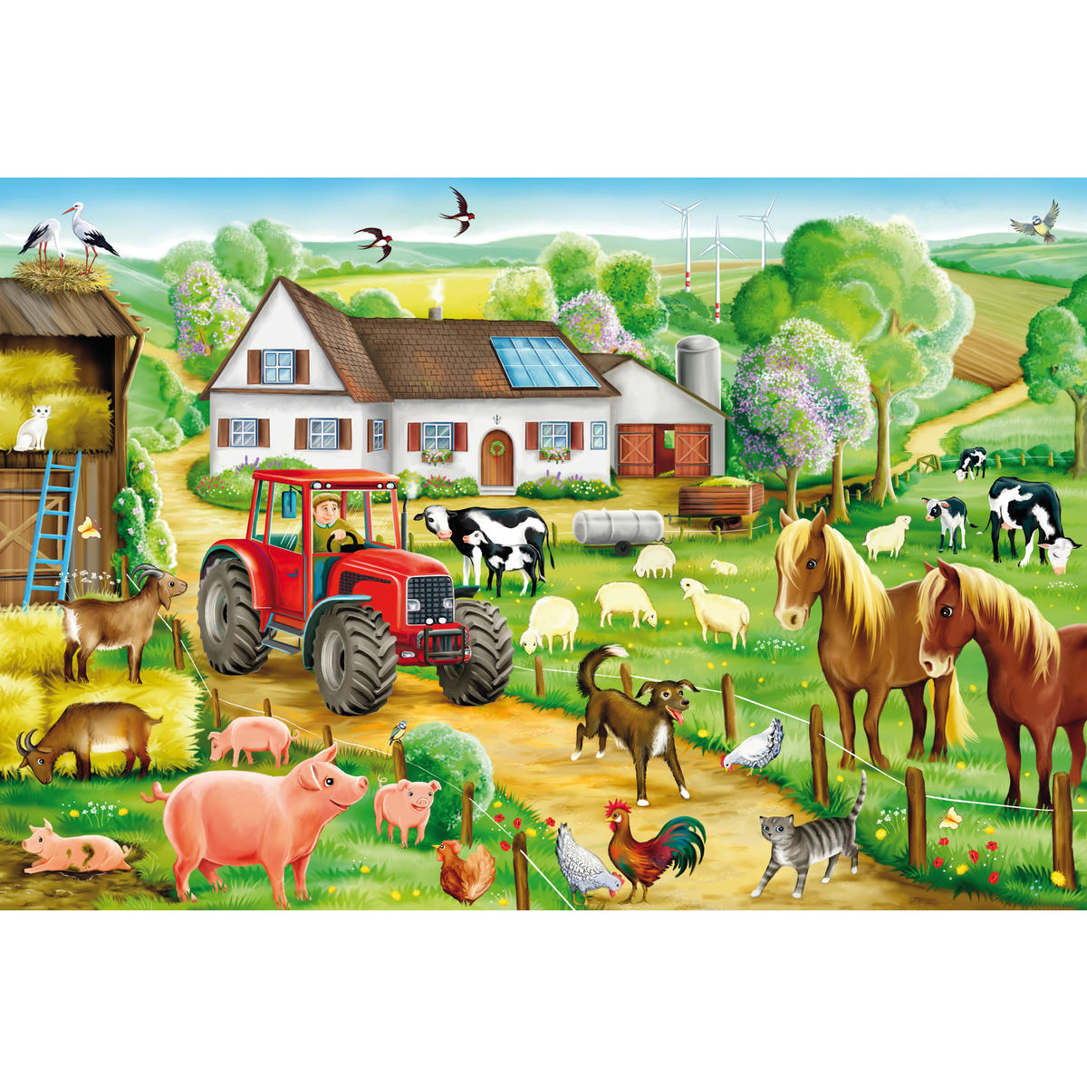 Un rompecabezas de una escena de granja. Un tractor rojo, animales, una casa de campo y cielo azul son visibles.