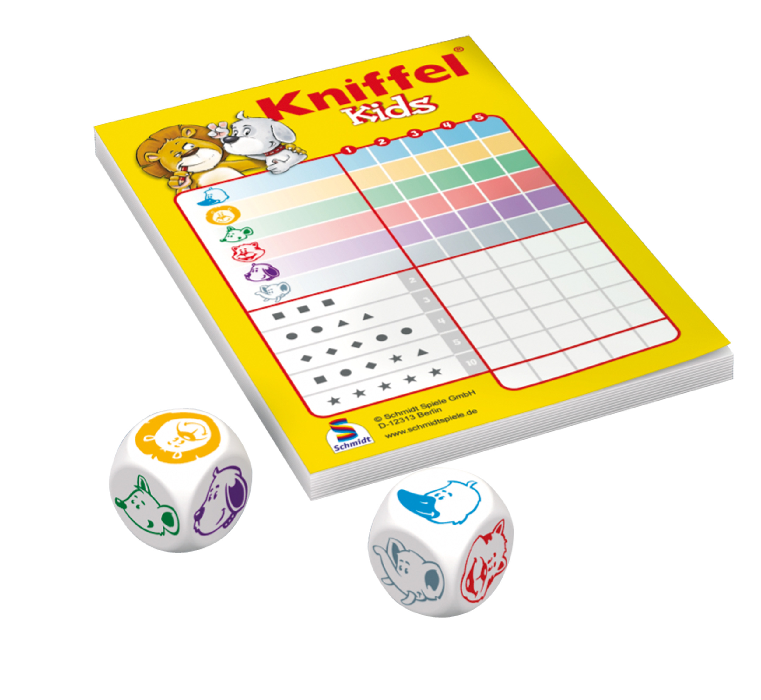 Ein Kniffel Kids-Spielset mit Würfeln und einem Wertungsbogen, der verschiedene Tierillustrationen und Formen zeigt.