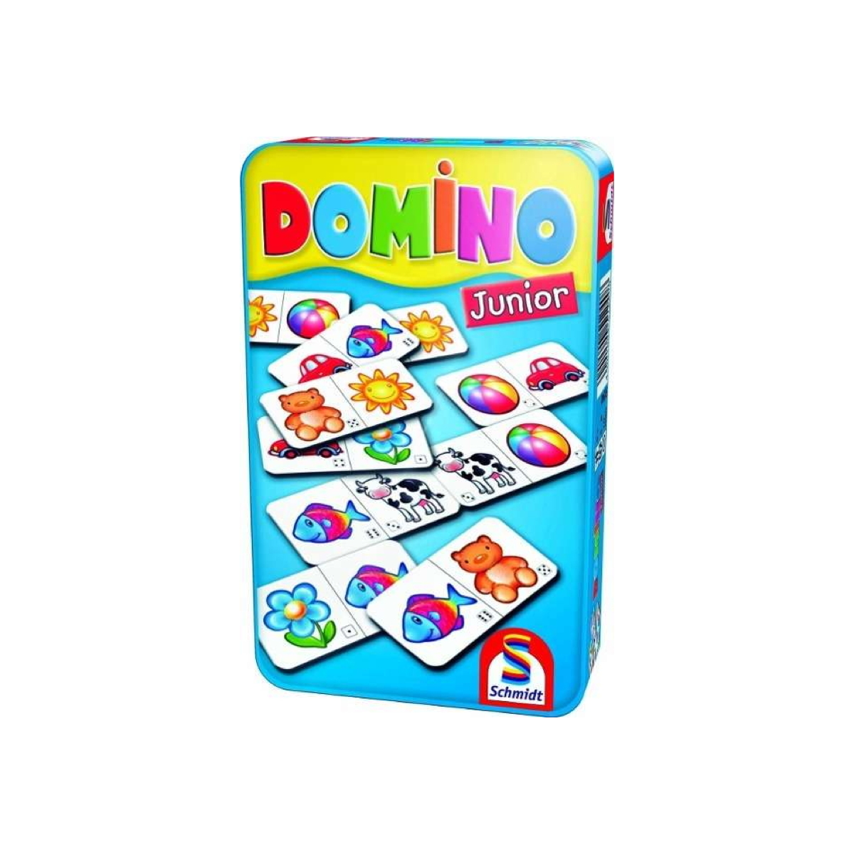 Eine Domino Junior Spielbox mit bunten Spielsteinen mit verschiedenen Objektillustrationen.