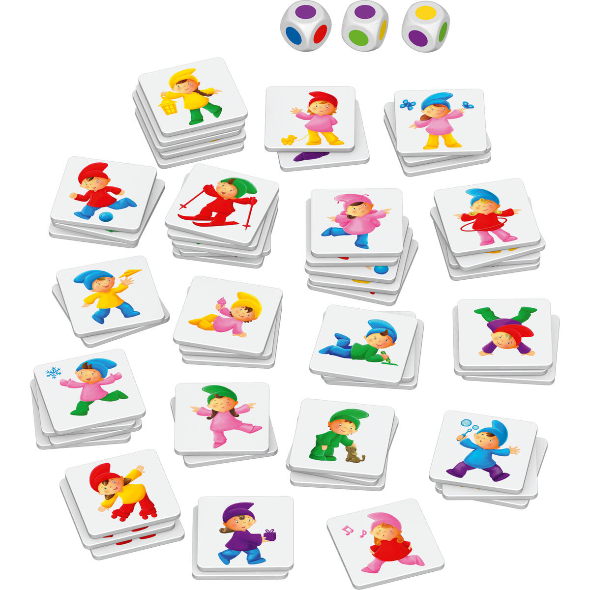 Kolorowa gra karciana dla dzieci z ilustracjami krasnali i kośćmi.