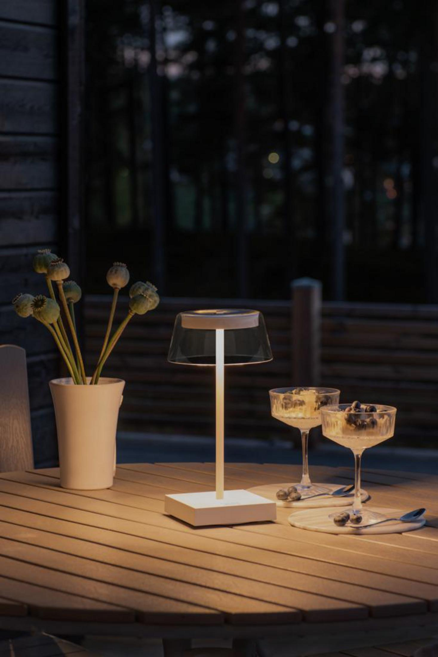 Una scena notturna con una lampada da tavolo illuminata, due bicchieri con bacche e un vaso con steli.