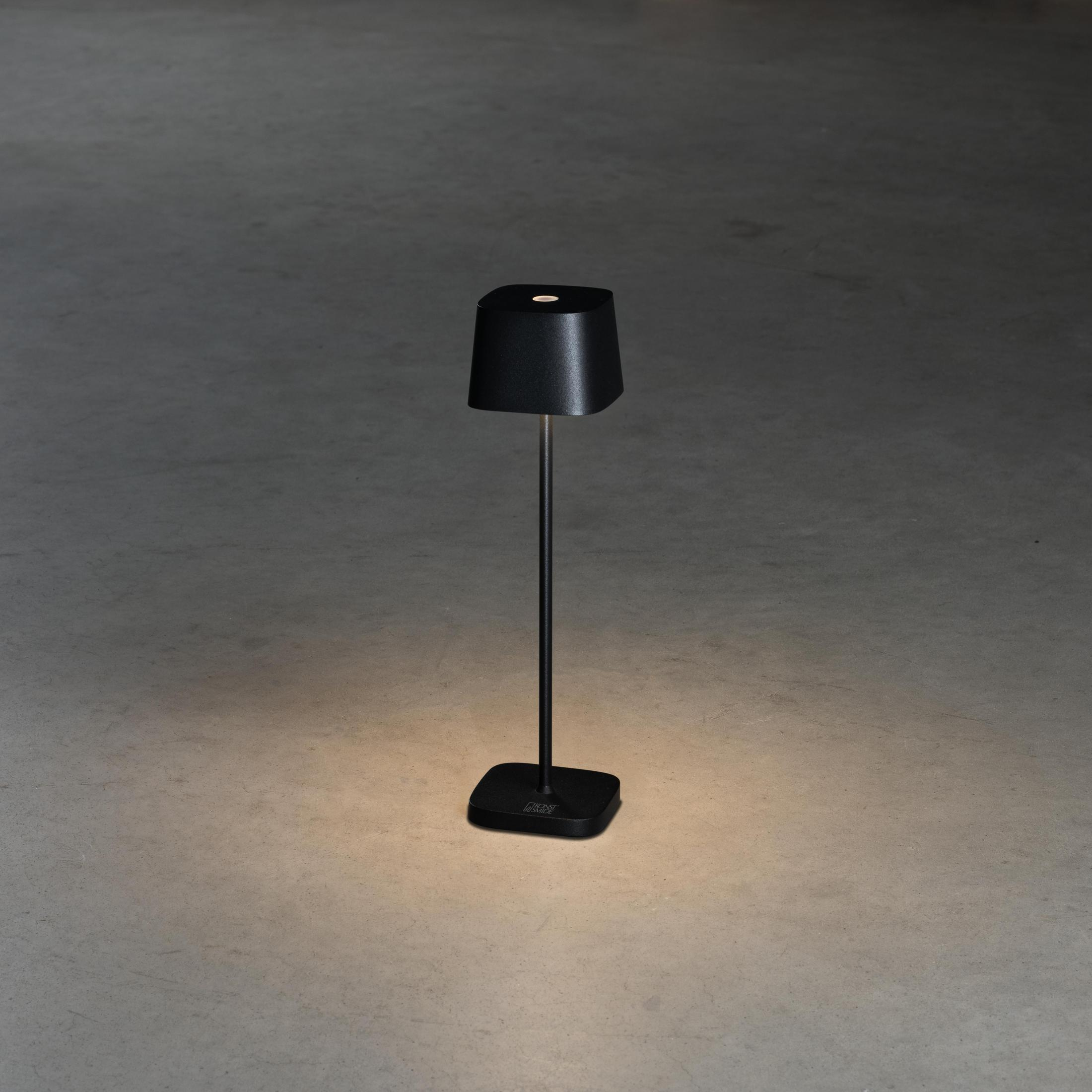 Lampada nera su un pavimento. La lampada ha un paralume. Pavimento in cemento, illuminazione soffusa.