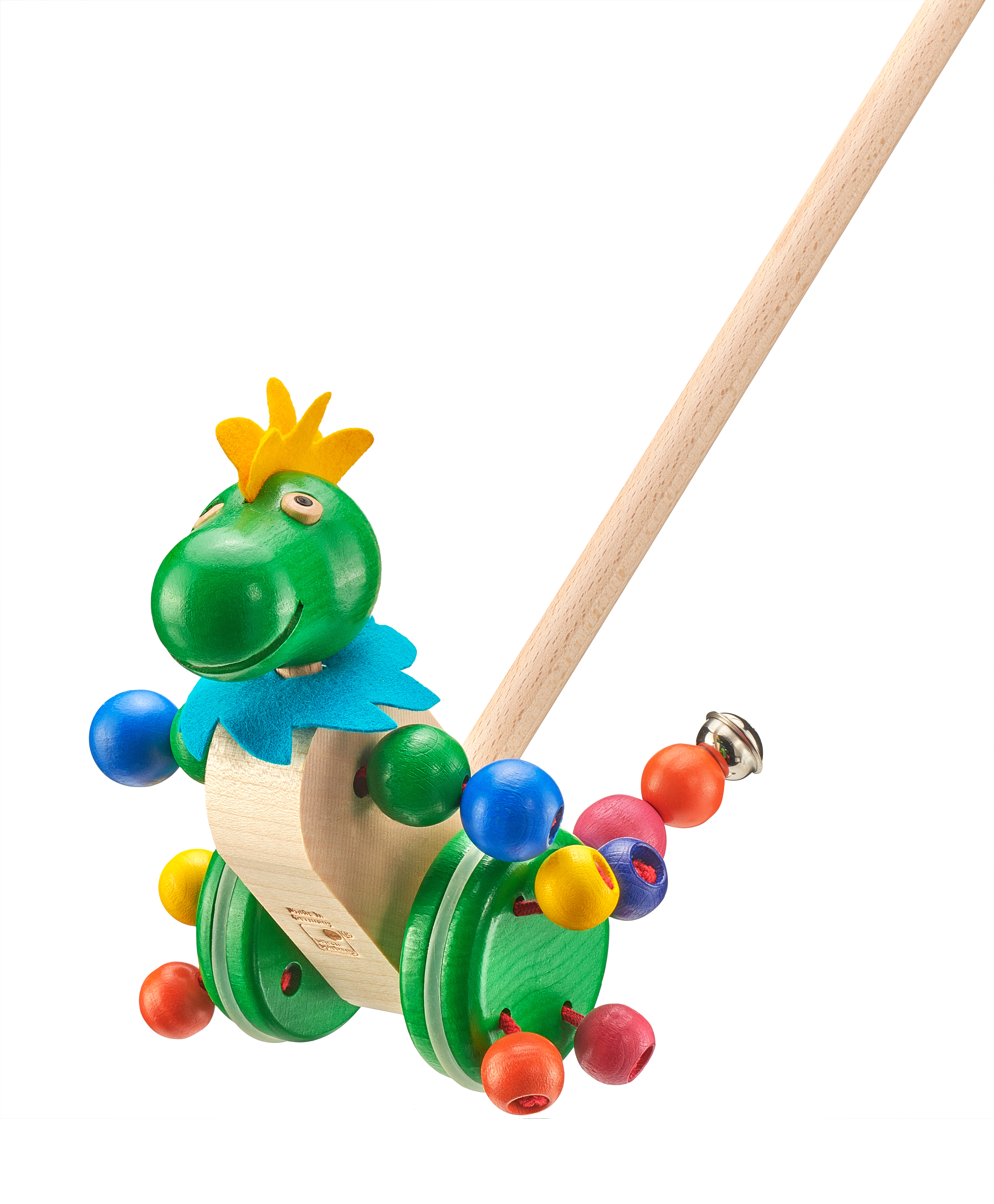 Ein grünes, hölzernes Nachziehtier-Dinosaurierspielzeug mit bunten Perlen und Holzgriff.