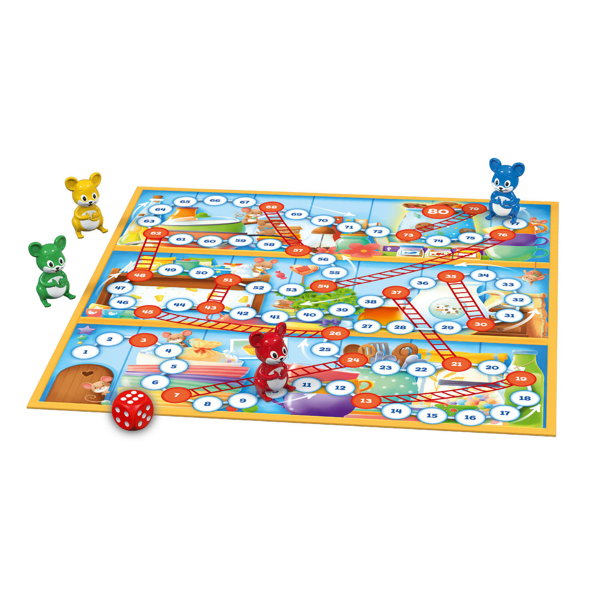 Gra planszowa z myszami i drabinami. Kości po lewej stronie. Obecne są niebieskie, zielone i żółte myszy.