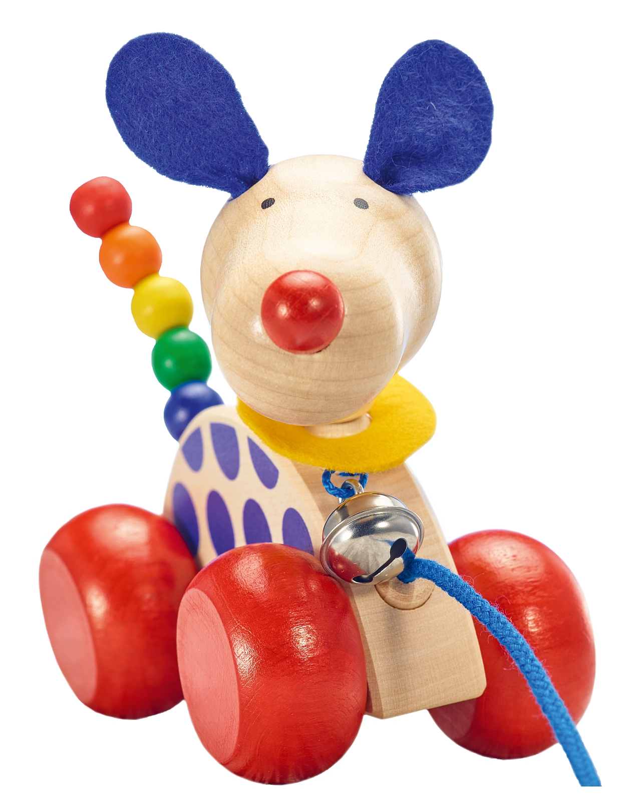 Ein Holzspielzeug-Hund mit blauen Ohren, roter Nase und Rädern, und einem Regenbogen-Perlenschwanz.