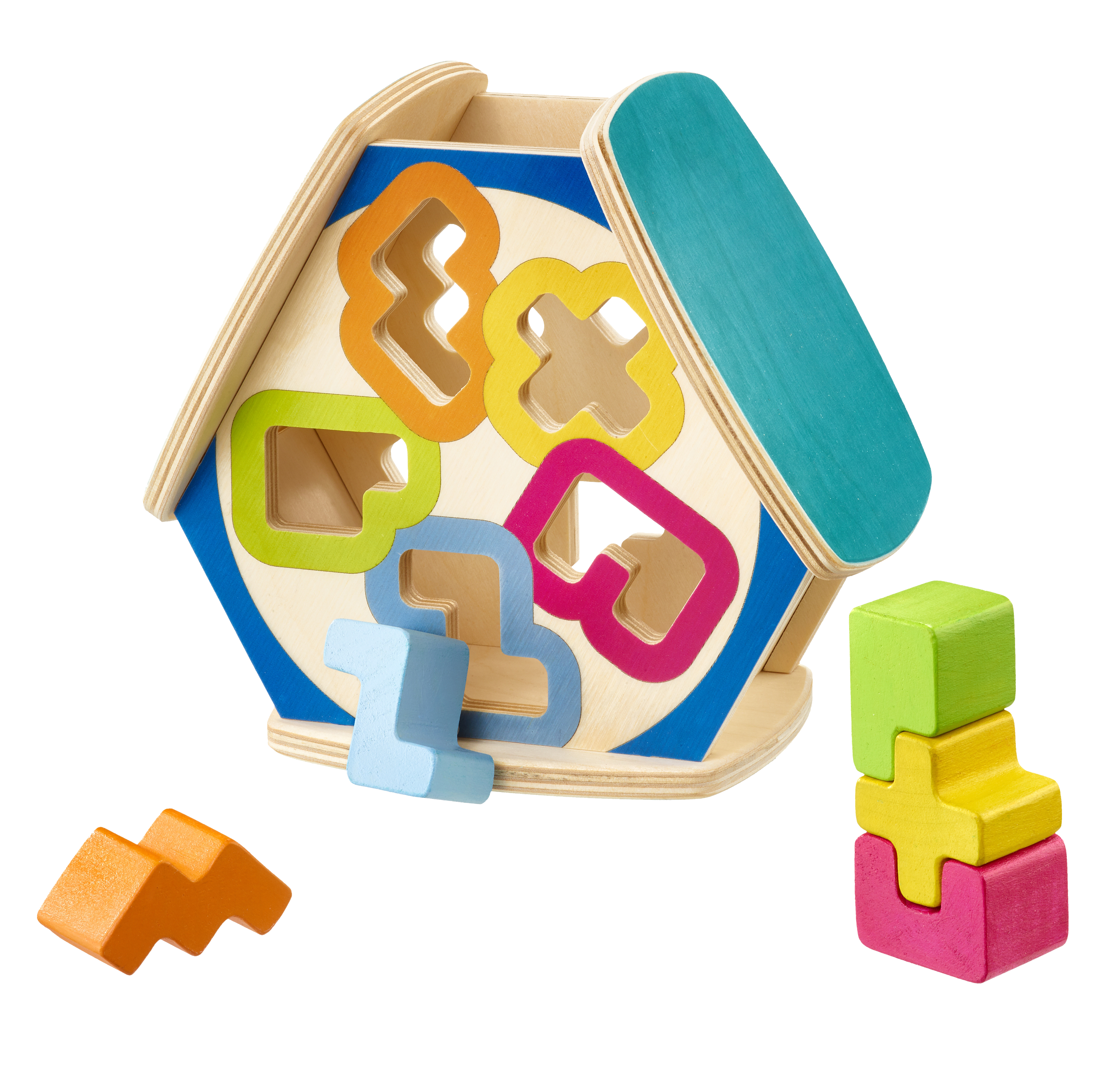 Drewniany domek z otworami do sortowania kształtów i kolorowymi kształtami obok.