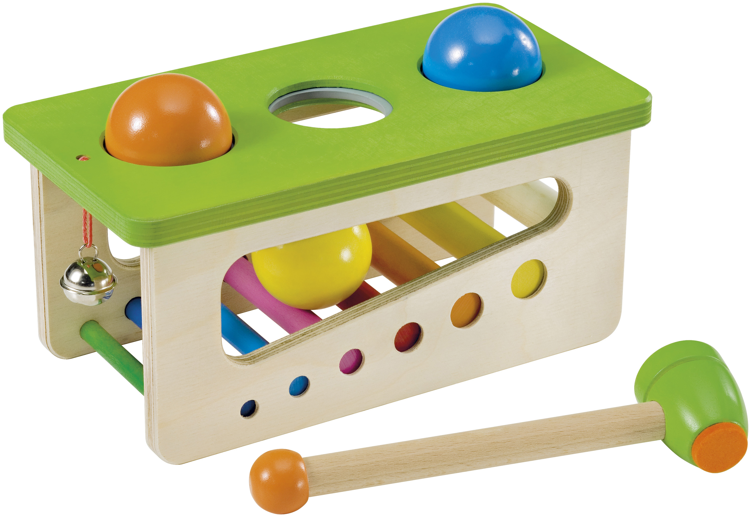 Holzspielzeug mit drei farbigen Kugeln und grünem Hammer. Kugeln sind orange, blau und gelb.