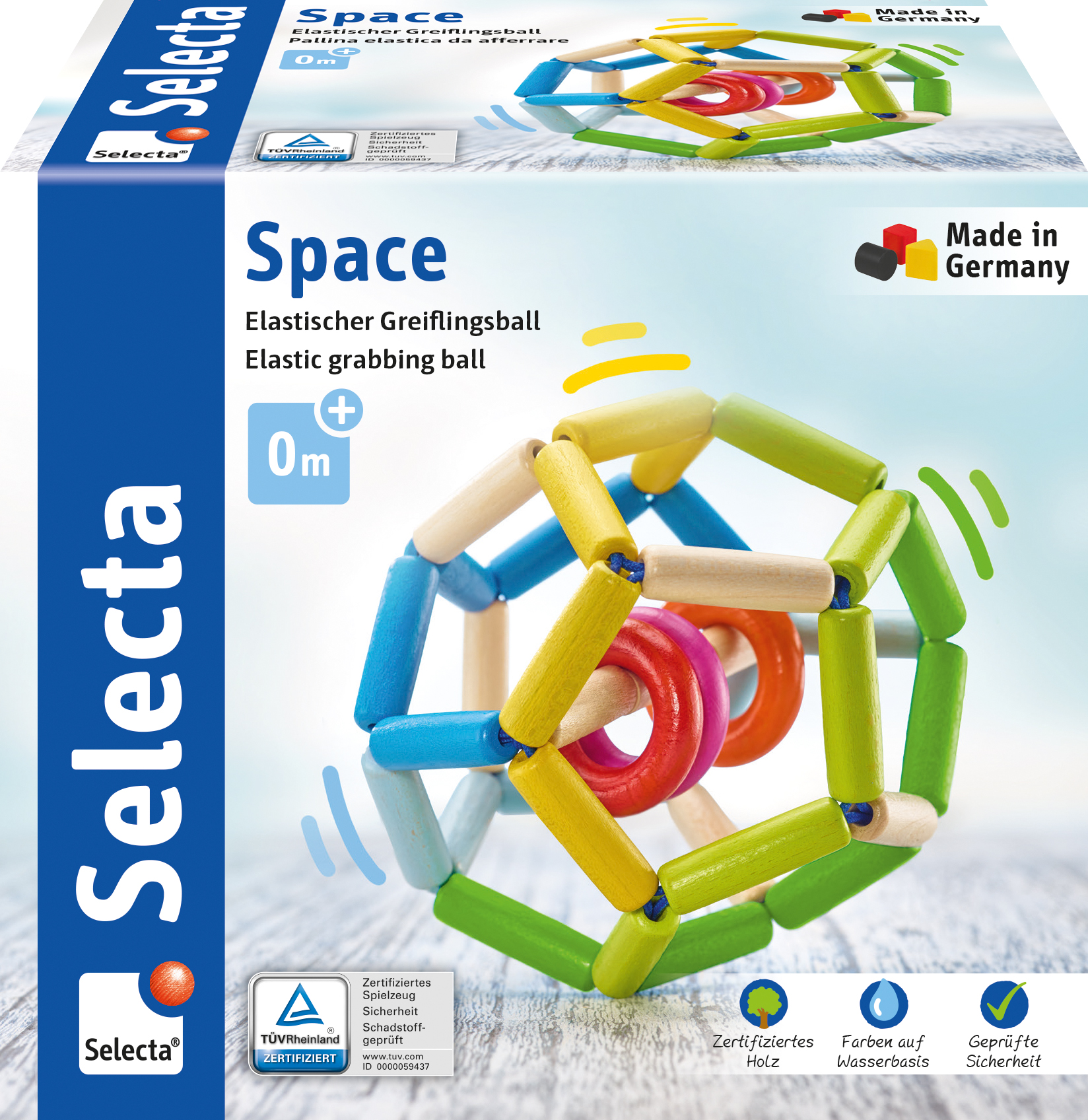 Ein Selecta Space Spielzeug mit Holzblöcken und bunten Ringen, in einer Box mit dem Spielzeug und seinen Merkmalen.