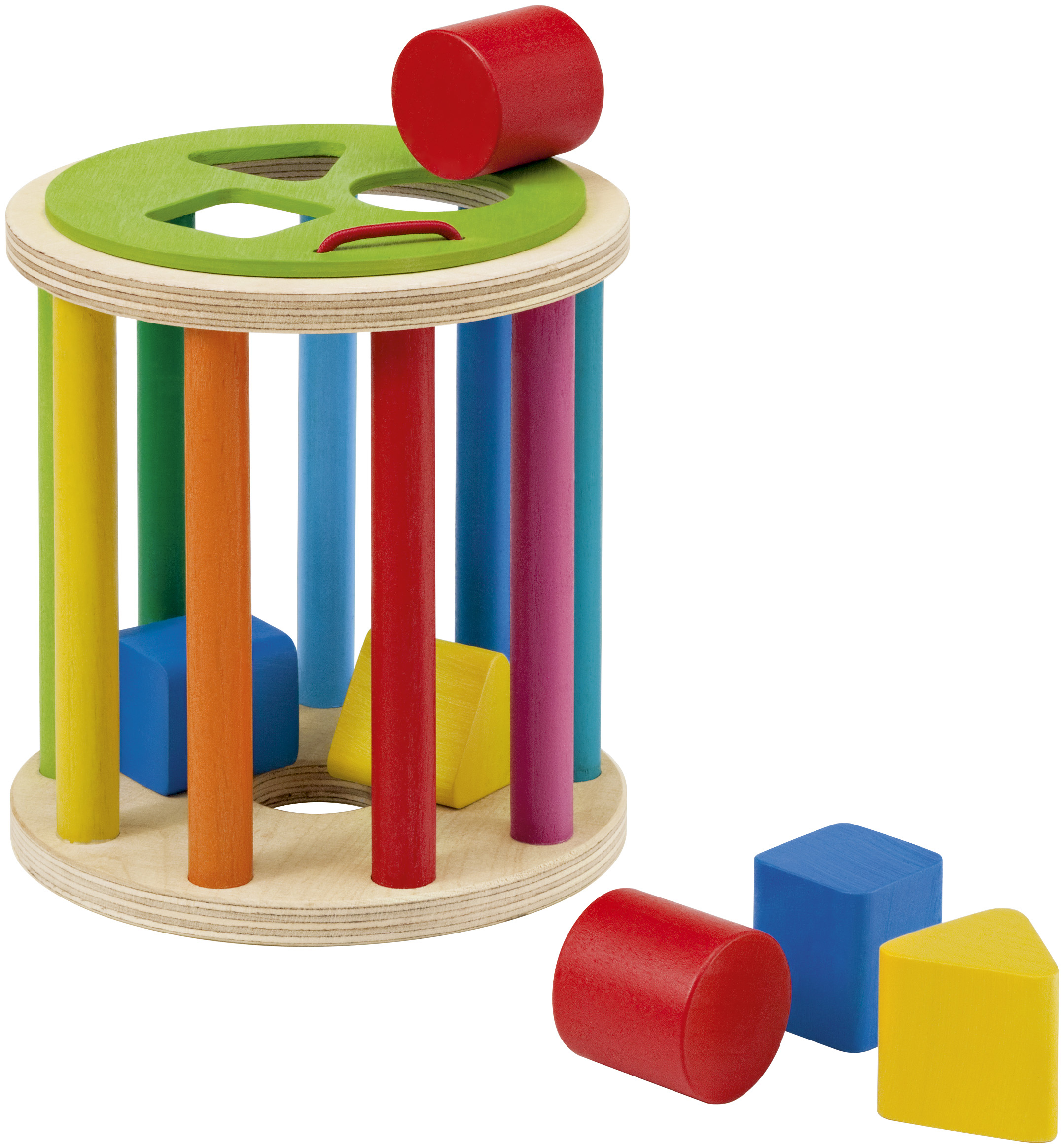 Ein Holz-Formensortierspielzeug mit farbigen Stäben und Formen sowie einem roten Zylinder.