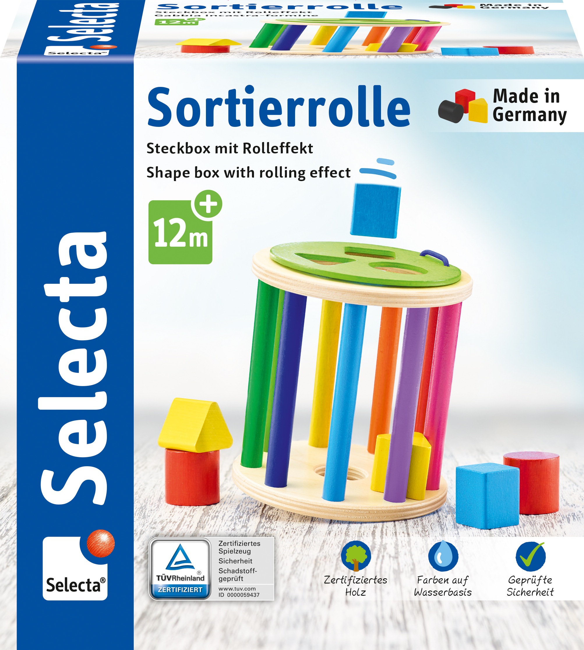 Holz-Sortierspielzeug. Bunte Formen und Holzbox mit Löchern.