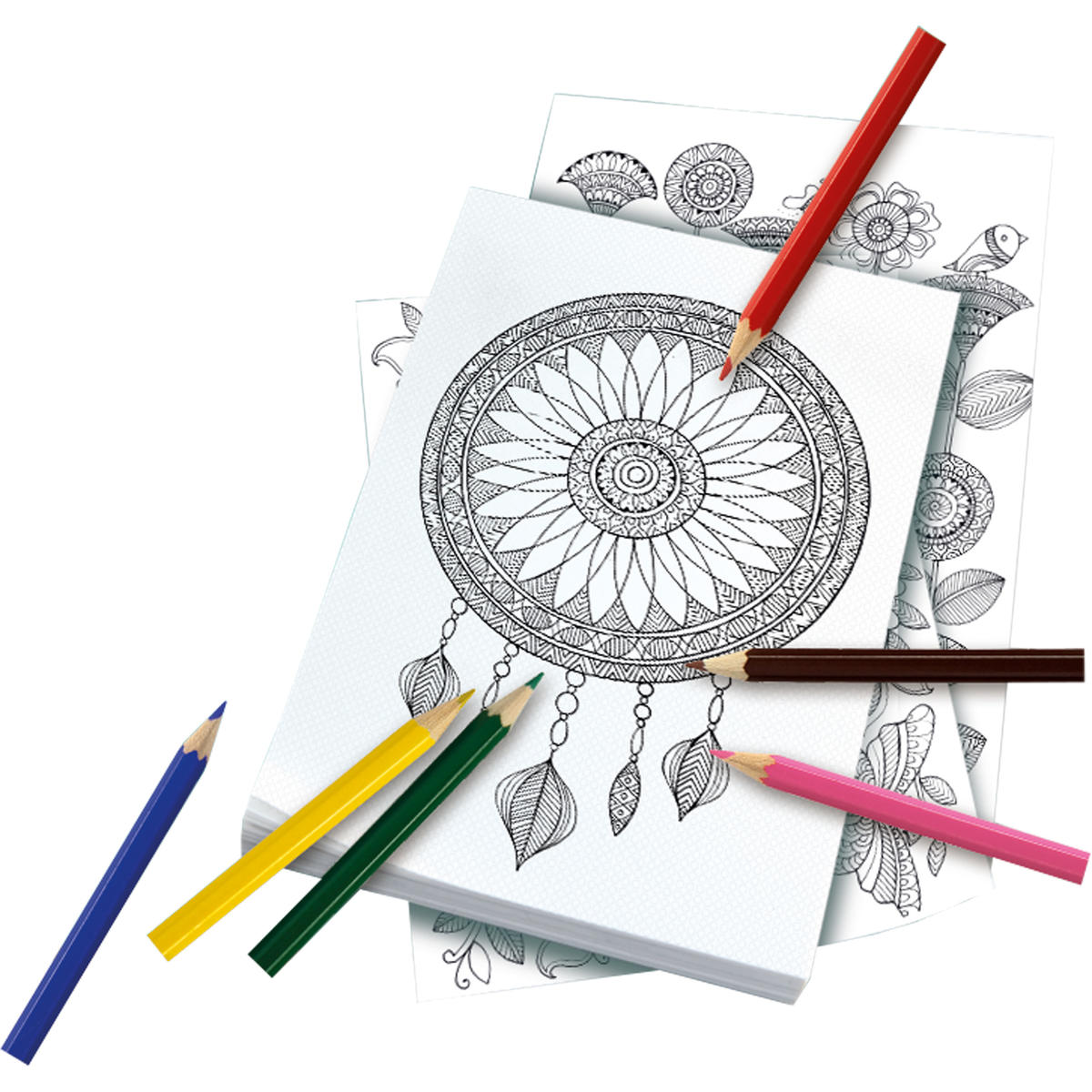 Malbuchseiten mit Buntstiften, Traumfänger und andere Designs.