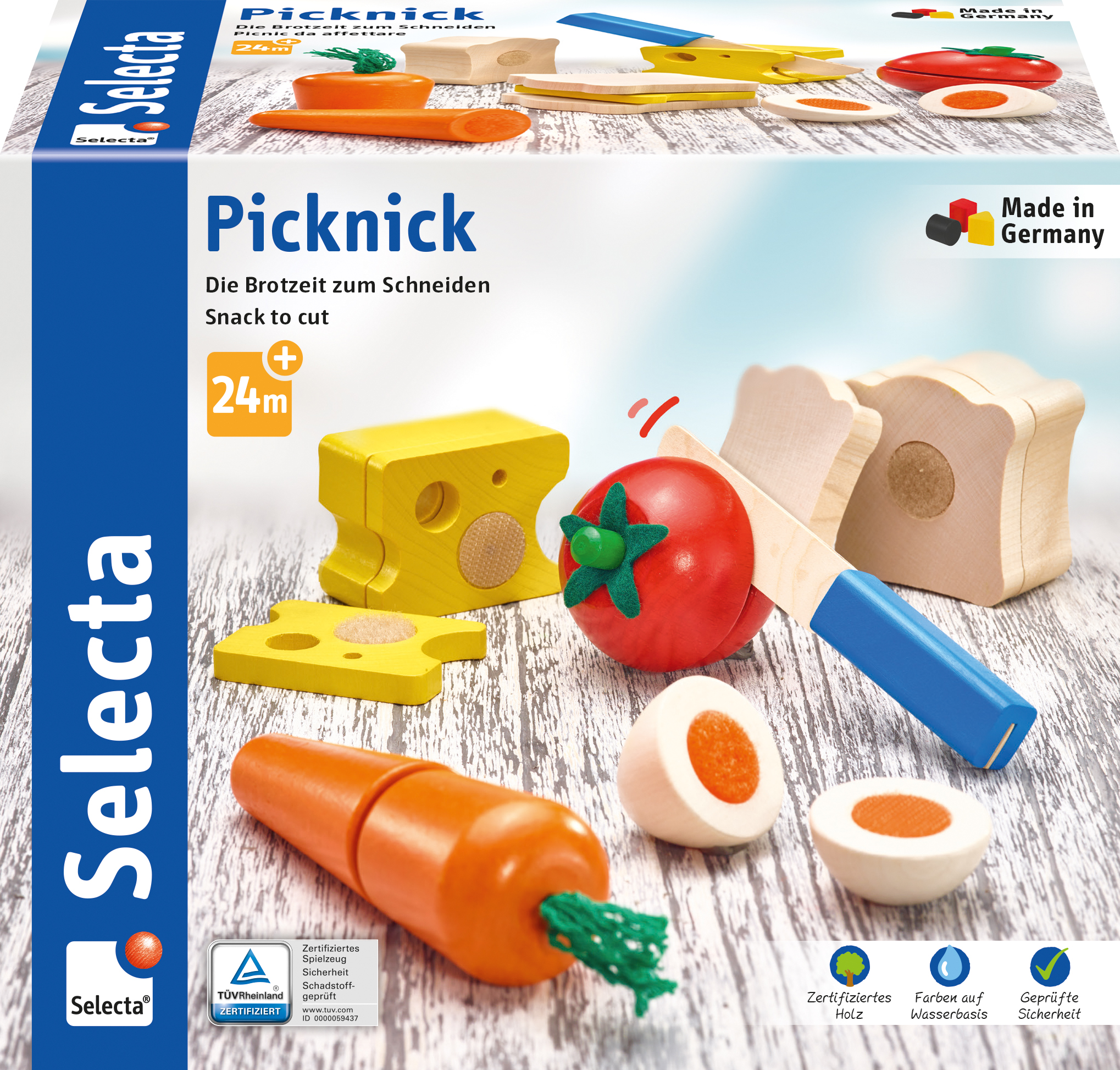 Ein Holzspielzeug-Set mit Lebensmitteln wie Brot, Tomaten und Käse, mit einem Spielzeugmesser.