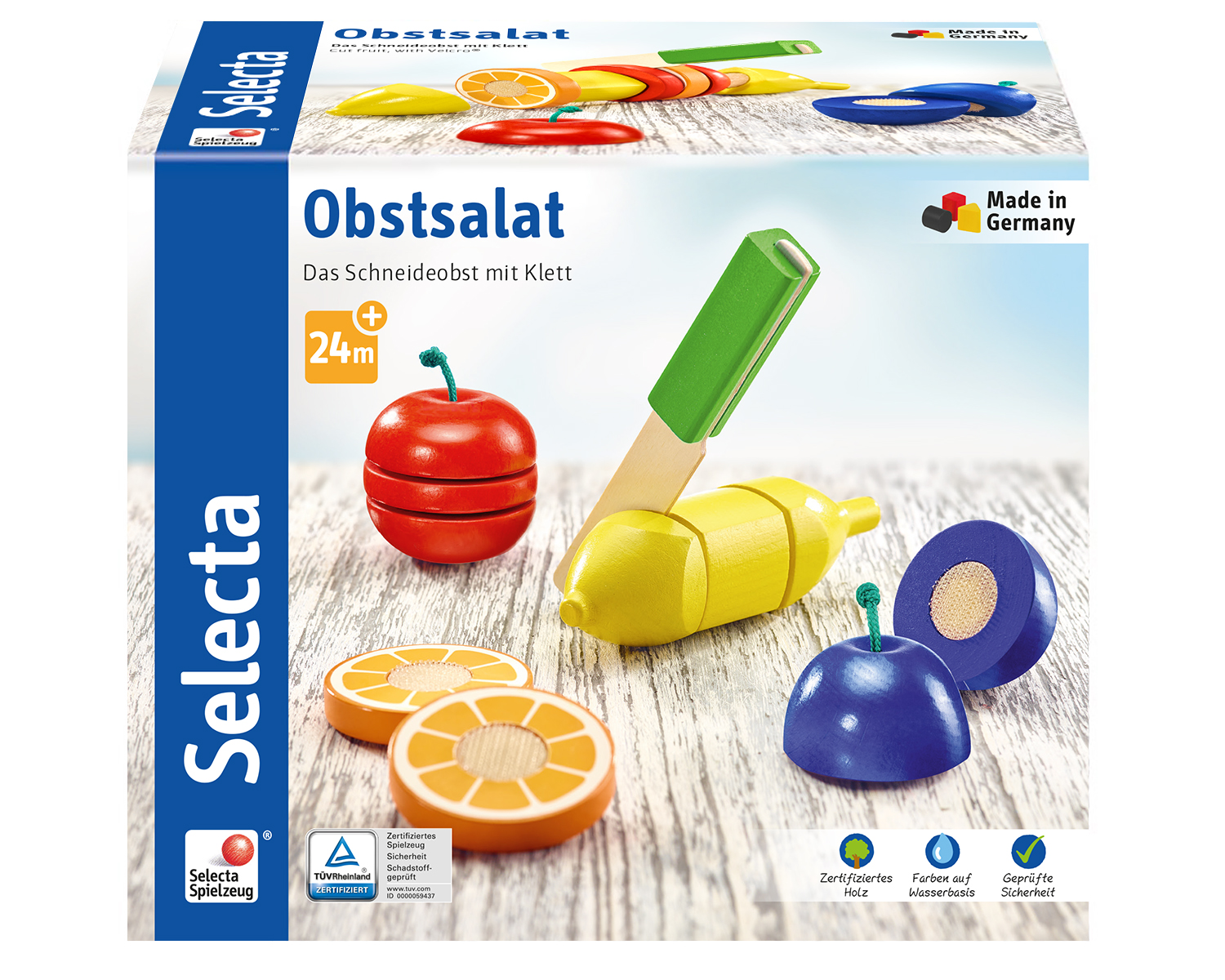 Eine Box mit Holzobstspielzeug. Enthält einen roten Apfel, Banane und Orangenscheiben.