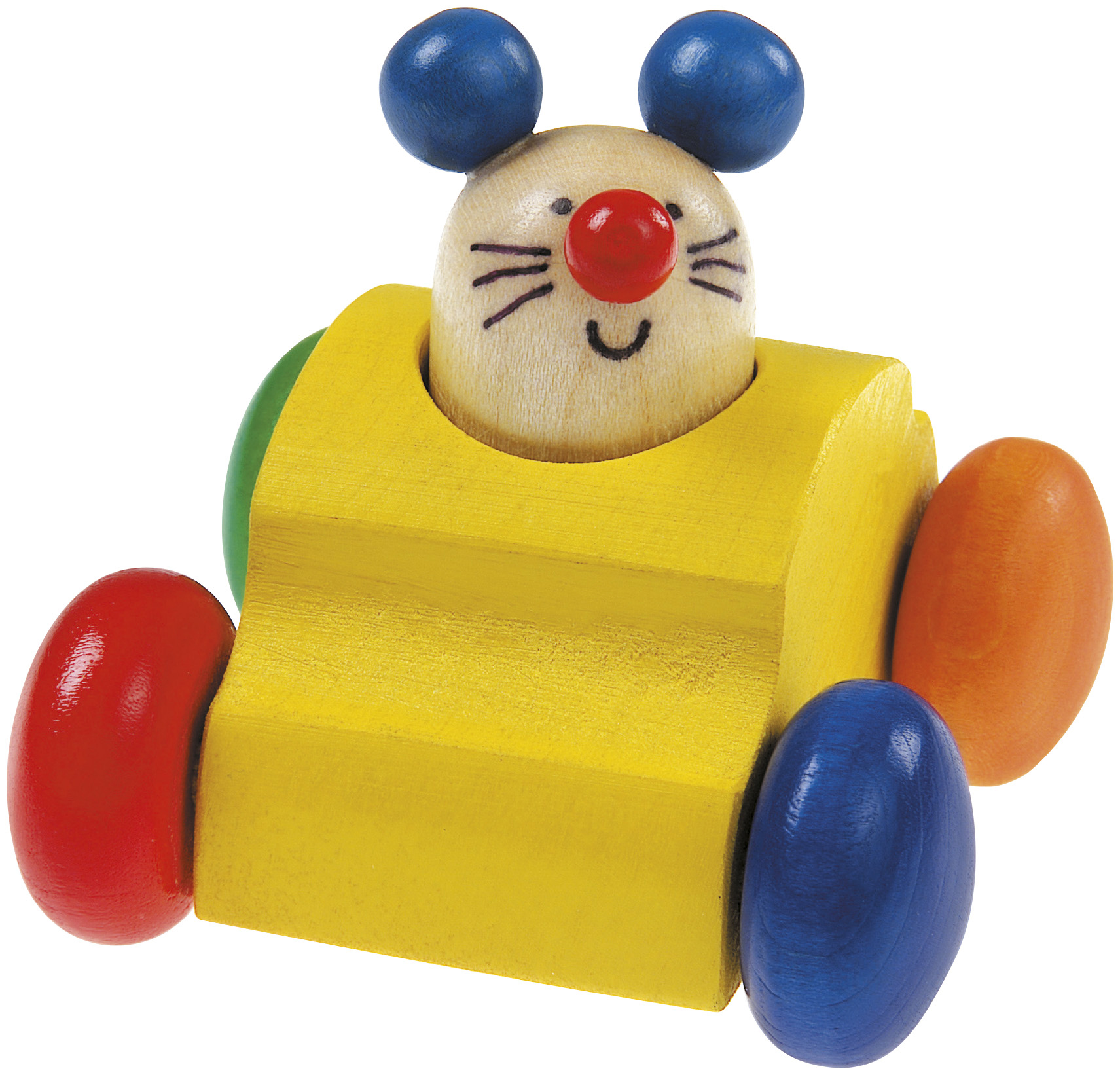 Drewniana zabawka mysz z niebieskimi uszami, czerwonym nosem i żółtym korpusem.