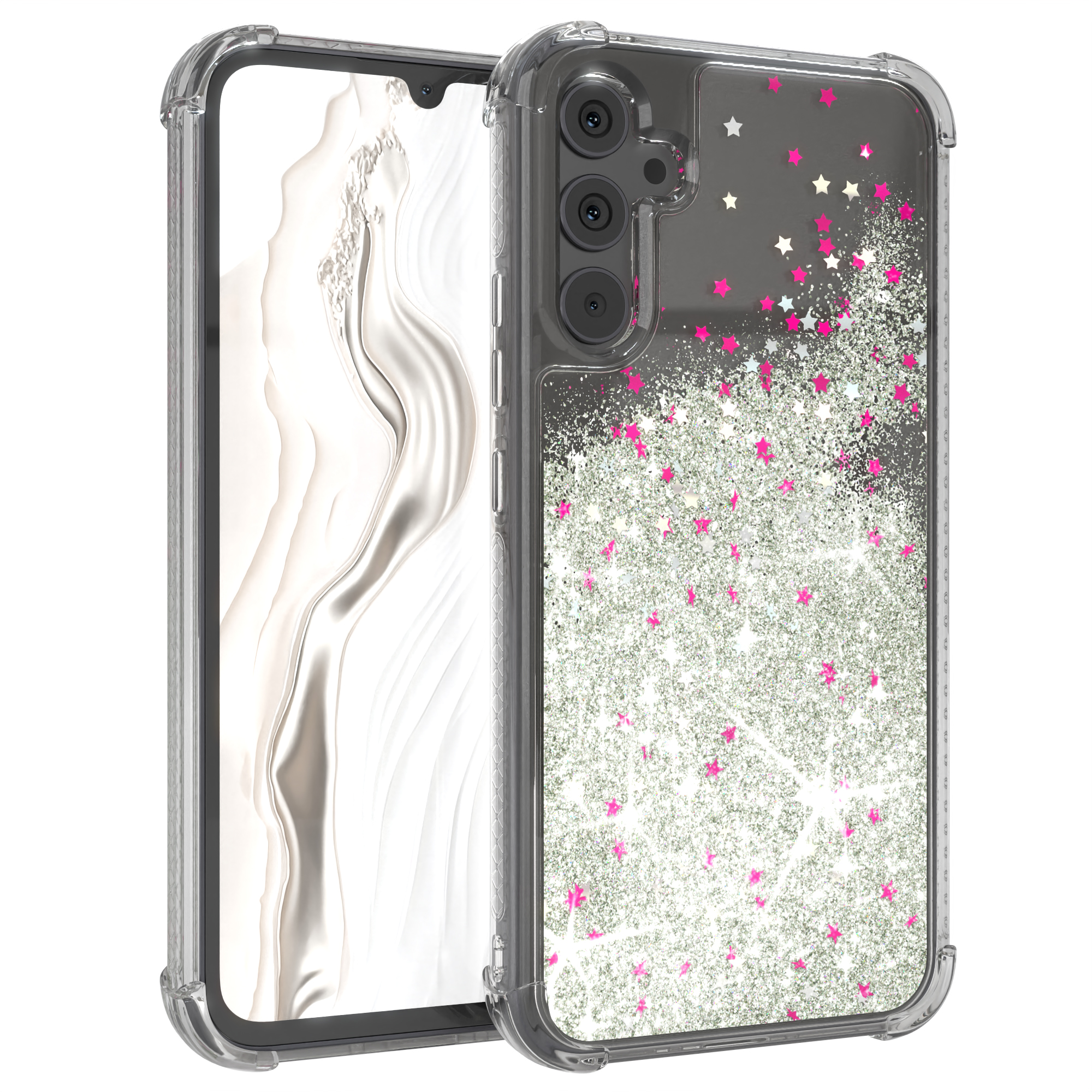 Transparente Handyhülle mit Glitzer und rosa Sternen.  Handy-Bildschirm sichtbar.