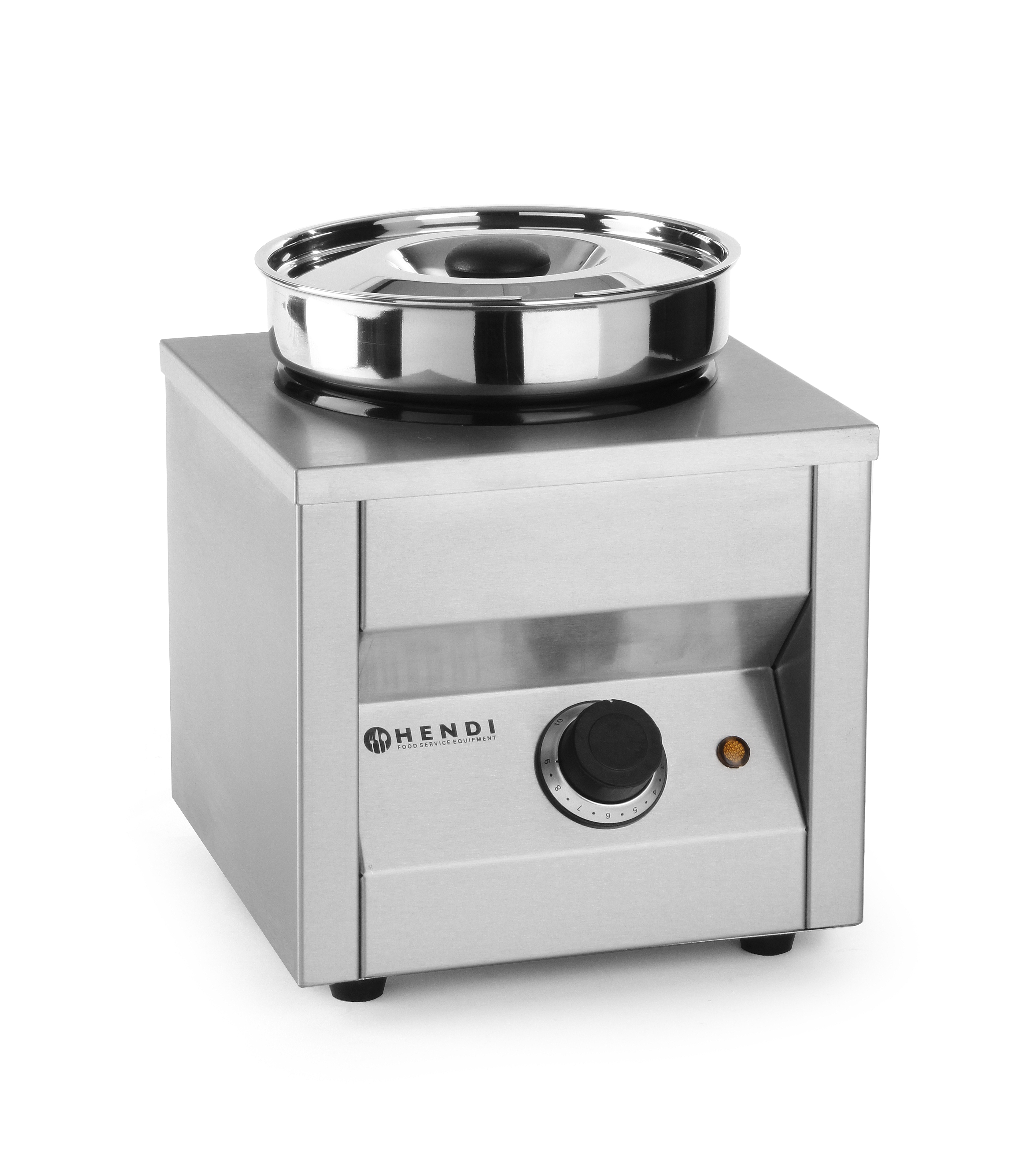 Piastra riscaldante in acciaio inox con un contenitore e una manopola di controllo.